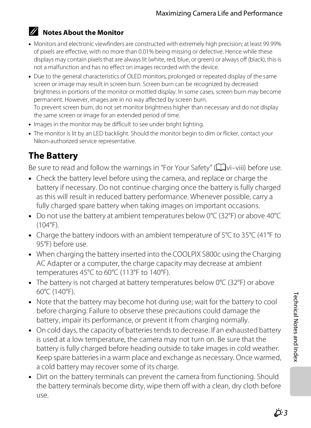 Nikon S800c manual Battery, Maximizing Camera Life and Performance 