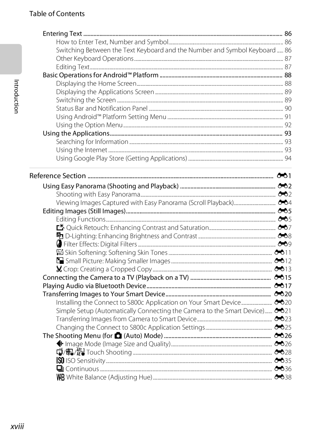 Nikon S800c manual Xviii 