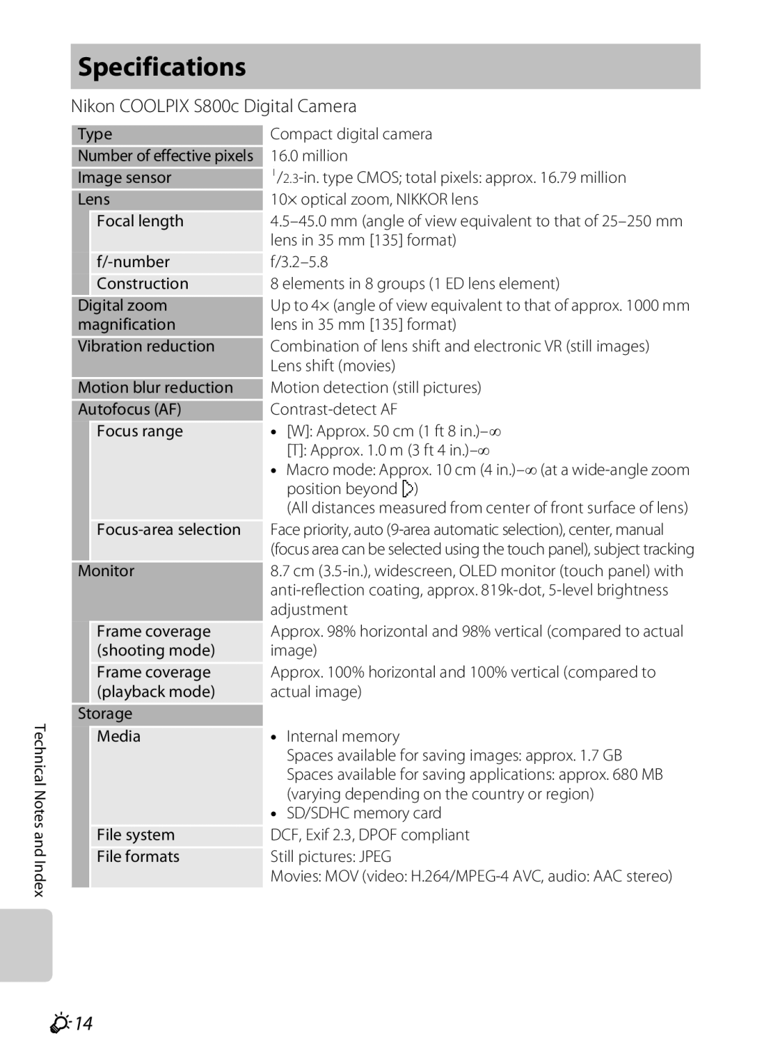 Nikon manual Specifications, F14, Nikon Coolpix S800c Digital Camera 