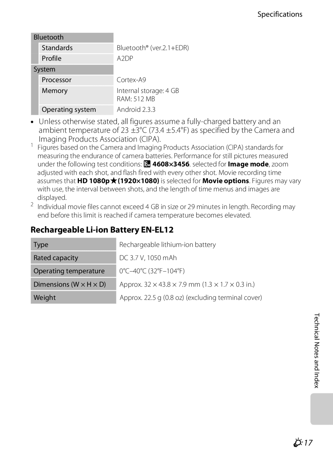 Nikon S800c manual Rechargeable Li-ion Battery EN-EL12, F17, Imaging Products Association Cipa 