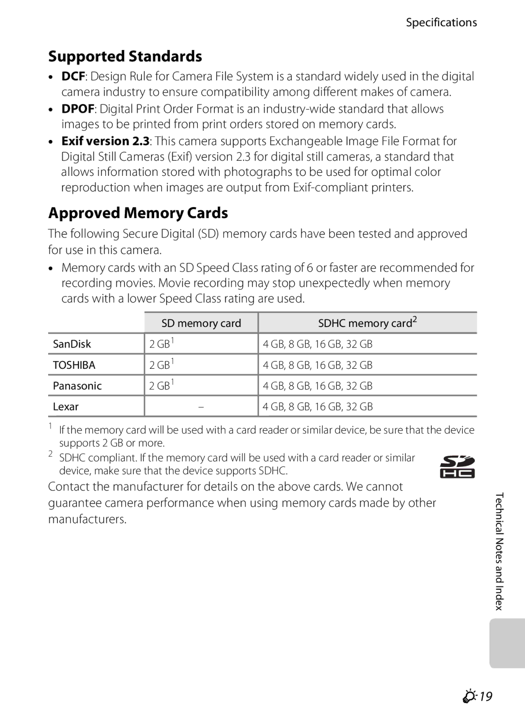 Nikon S800c manual Supported Standards, Approved Memory Cards, F19 