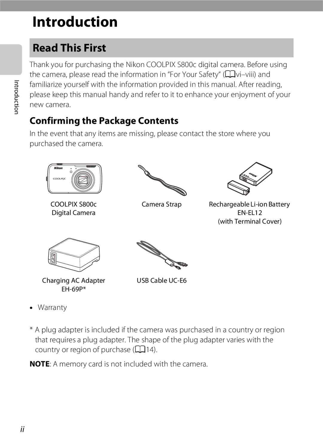 Nikon S800c manual Read This First, Confirming the Package Contents 