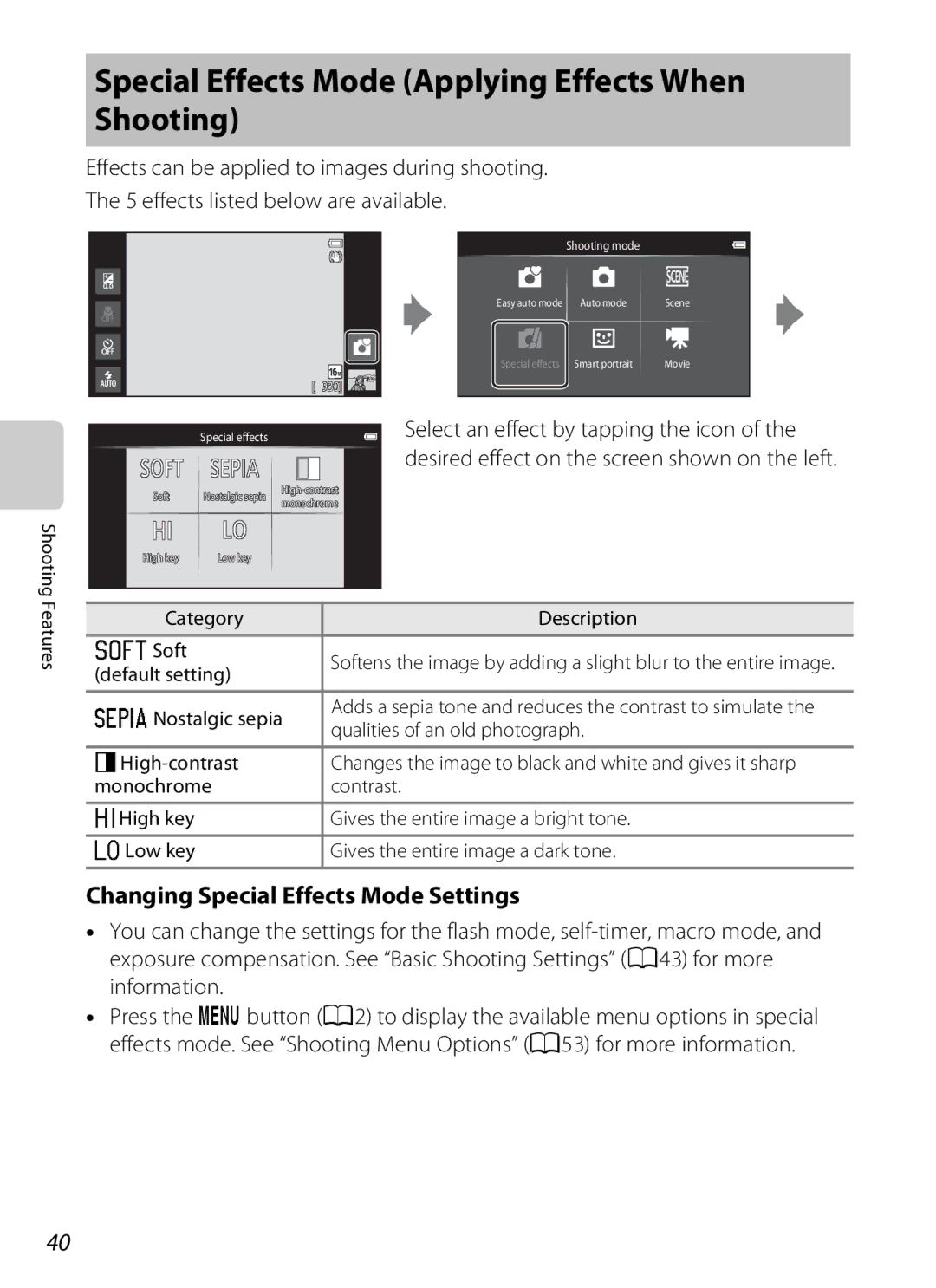 Nikon S800c manual Special Effects Mode Applying Effects When Shooting, Changing Special Effects Mode Settings 