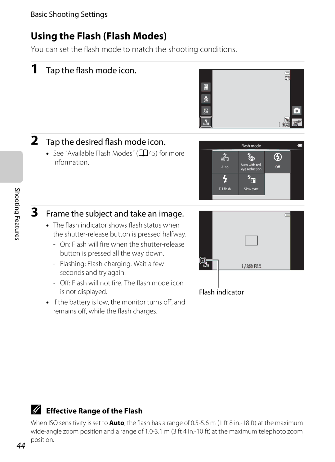 Nikon S800c manual Using the Flash Flash Modes, Tap the flash mode icon, Tap the desired flash mode icon 