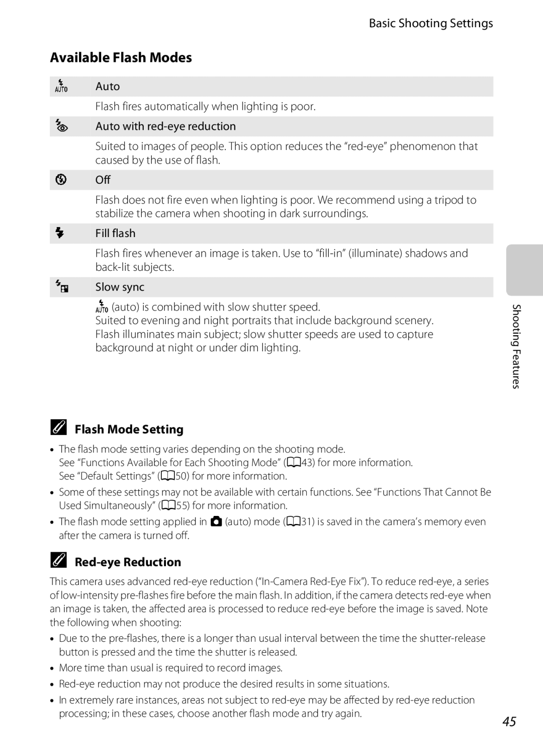 Nikon S800c manual Available Flash Modes, Flash Mode Setting, Red-eye Reduction 