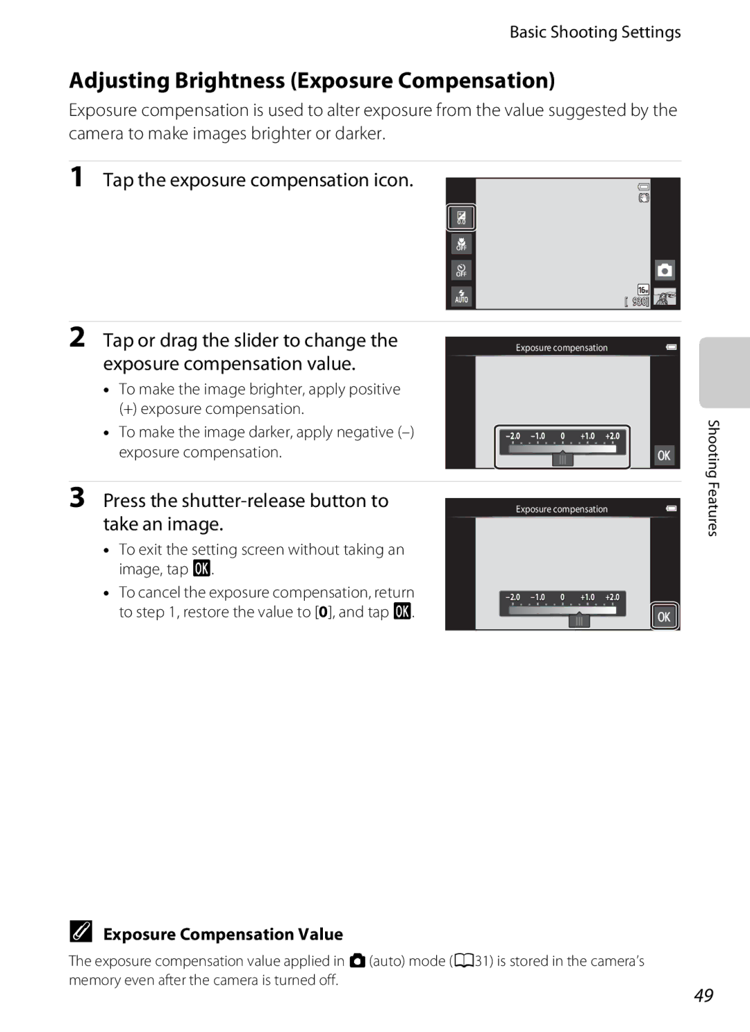 Nikon S800c Adjusting Brightness Exposure Compensation, Tap the exposure compensation icon, Exposure Compensation Value 