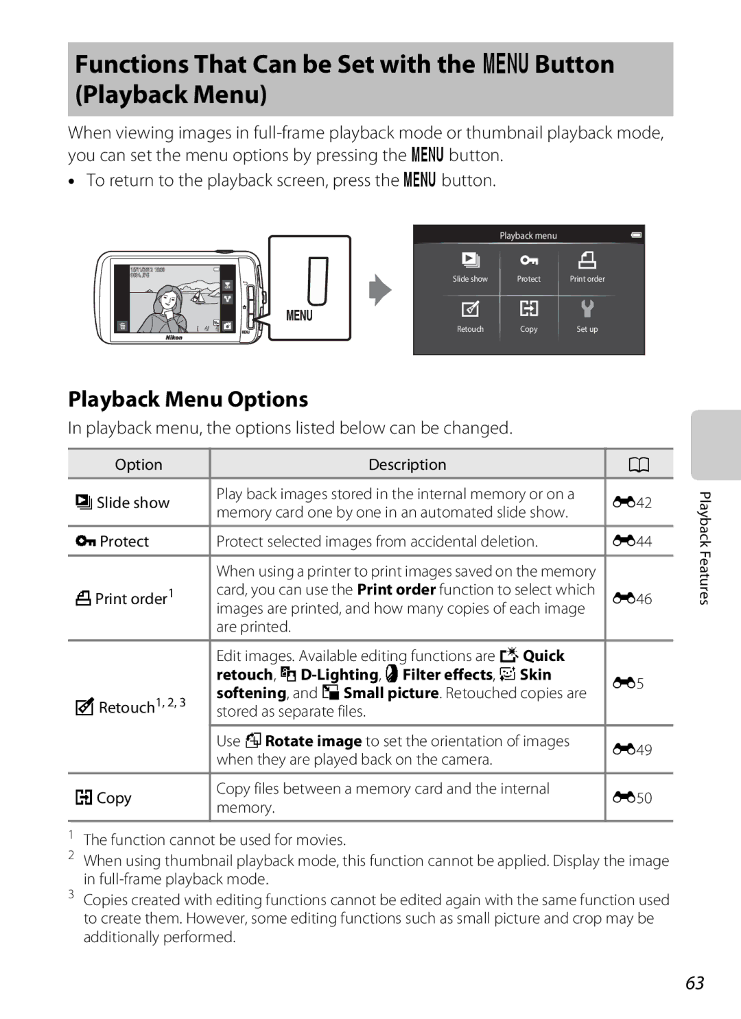 Nikon S800c manual Functions That Can be Set with the dButton Playback Menu, Playback Menu Options 