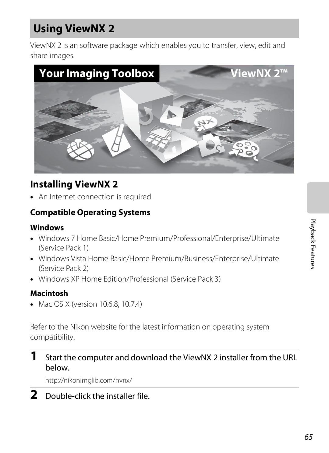 Nikon S800c manual Using ViewNX, Installing ViewNX, Compatible Operating Systems, Windows, Macintosh 