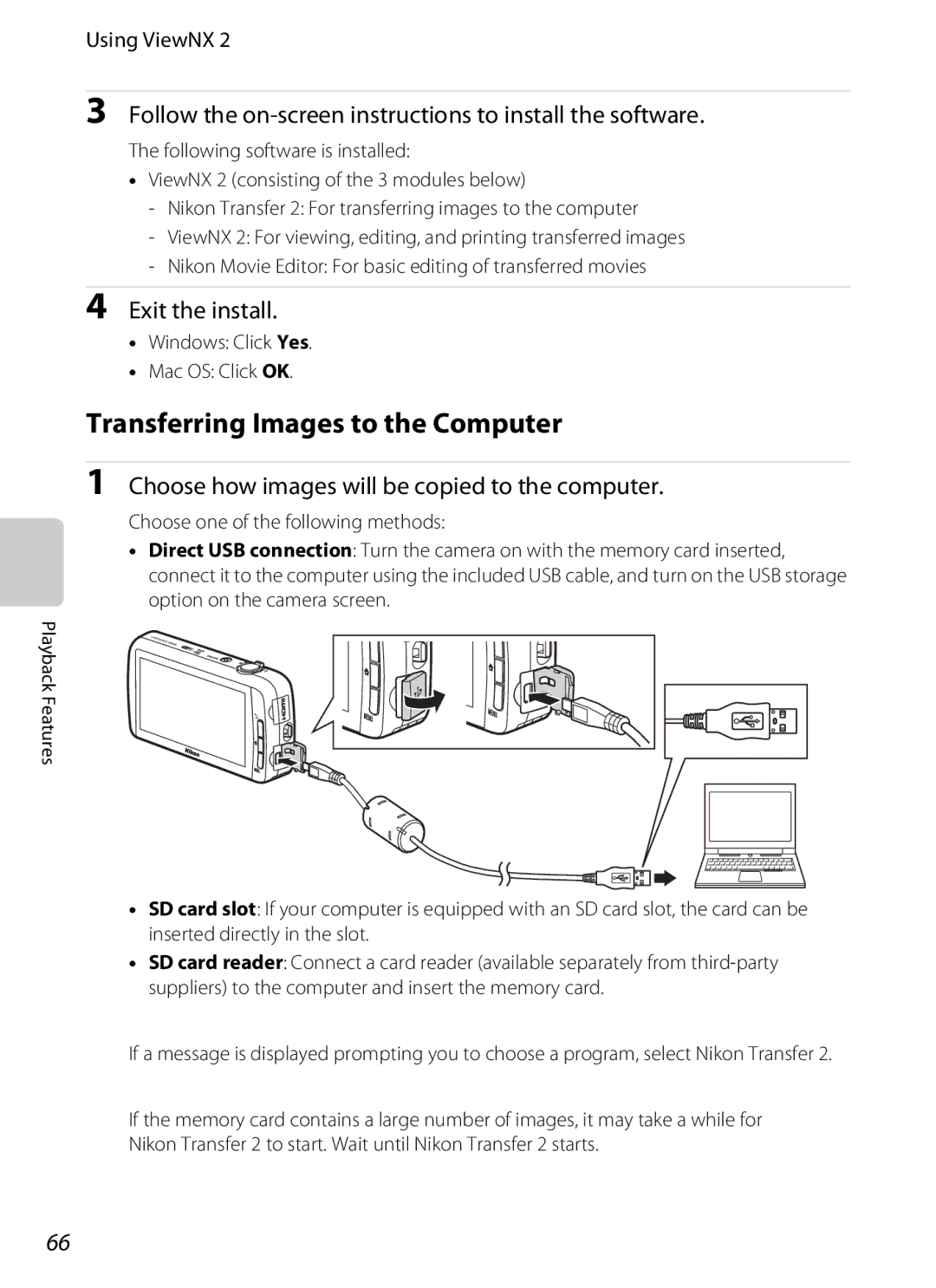 Nikon S800c Transferring Images to the Computer, Follow the on-screen instructions to install the software, Using ViewNX 