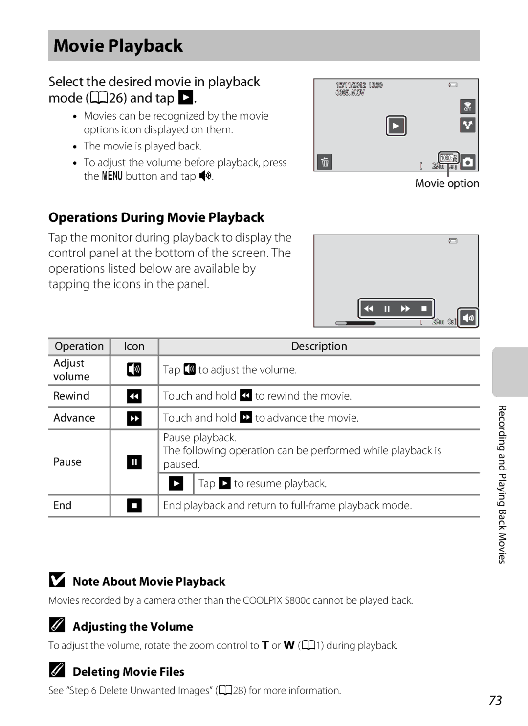 Nikon S800c manual Select the desired movie in playback mode A26 and tap R, Operations During Movie Playback 