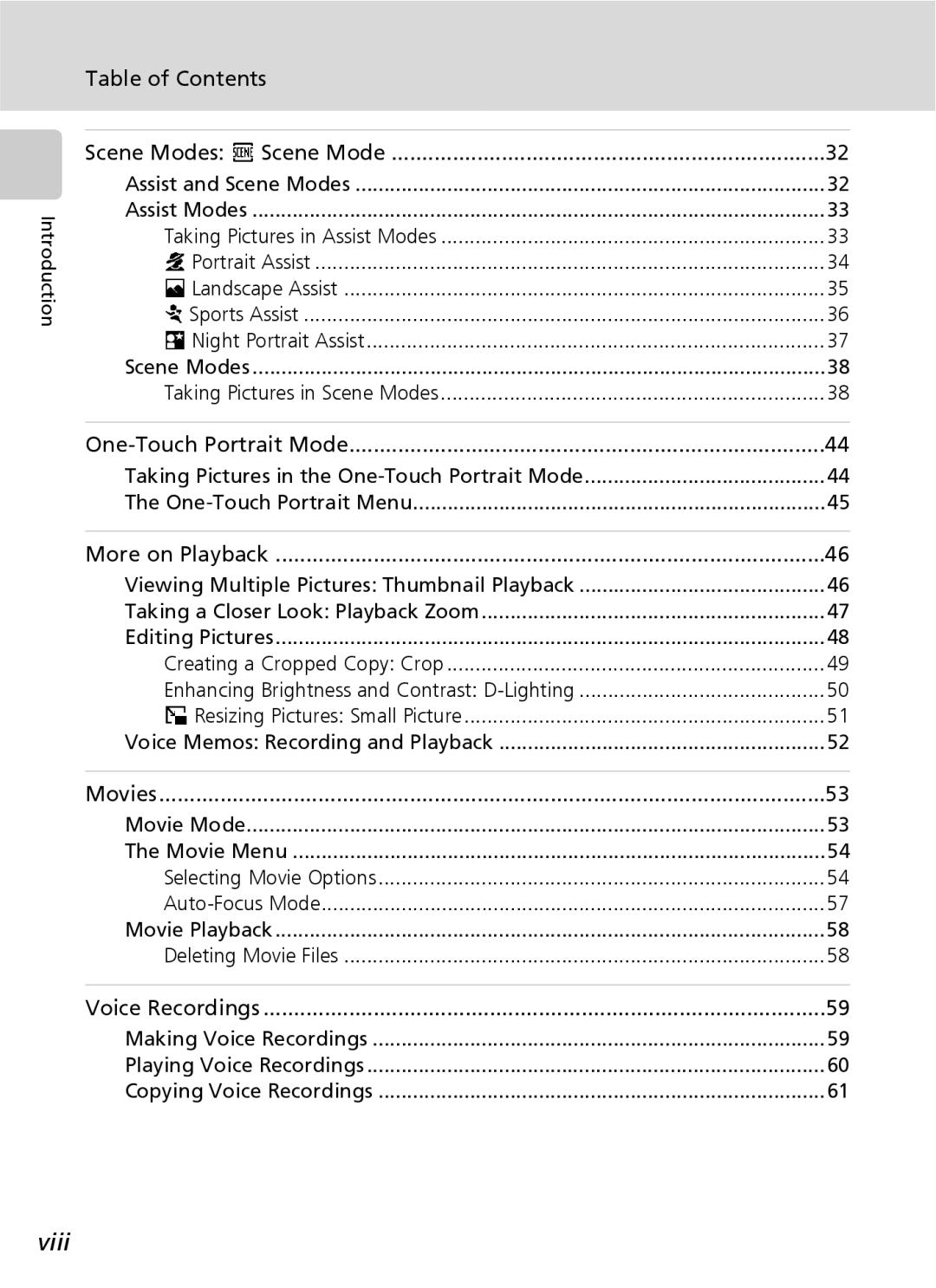 Nikon COOLPIXS9 manual Viii, Table of Contents, Scene Modes n Scene Mode, One-Touch Portrait Mode, More on Playback 