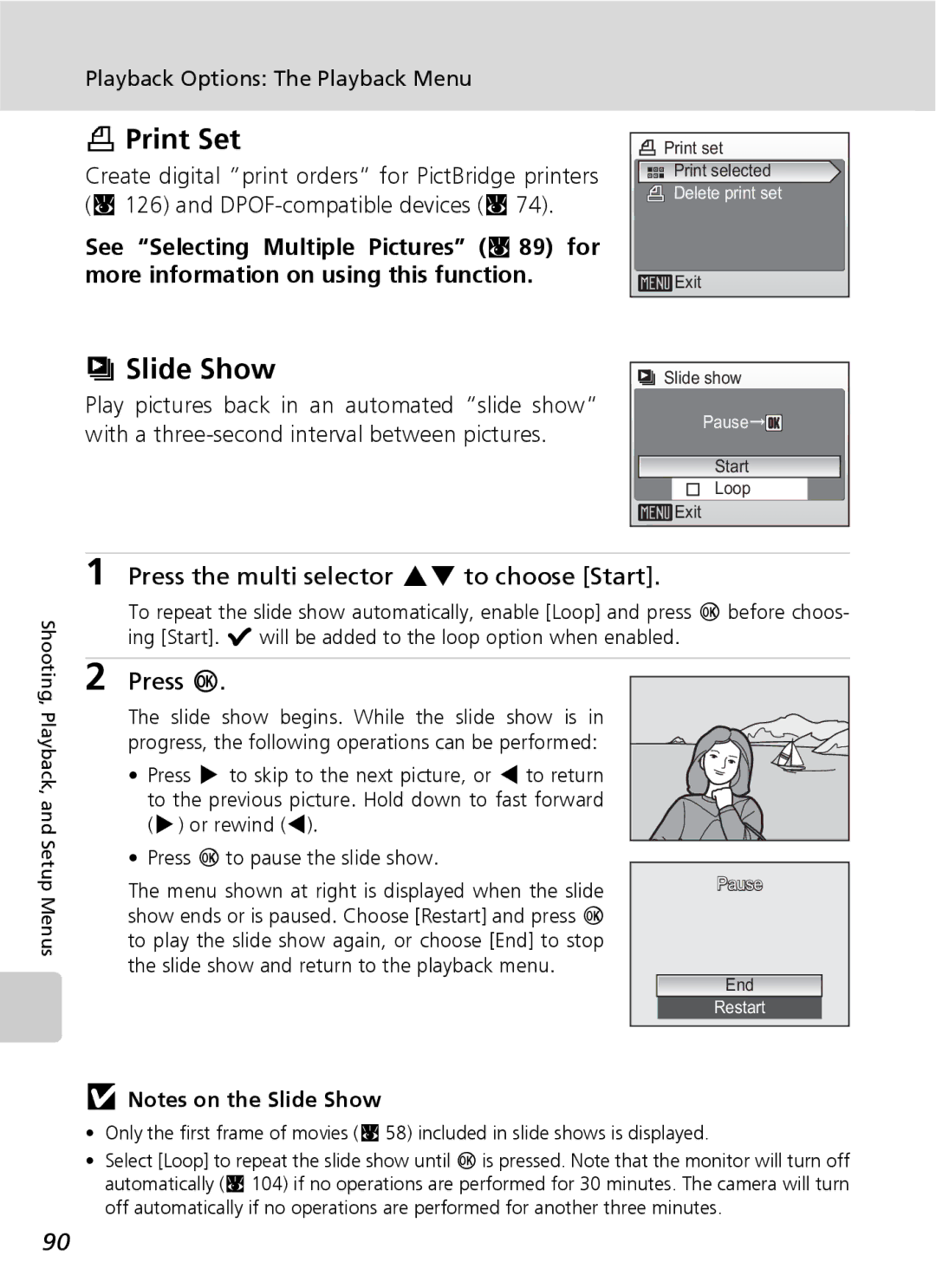 Nikon COOLPIXS9 manual Print Set, Slide Show, Press the multi selector GH to choose Start 