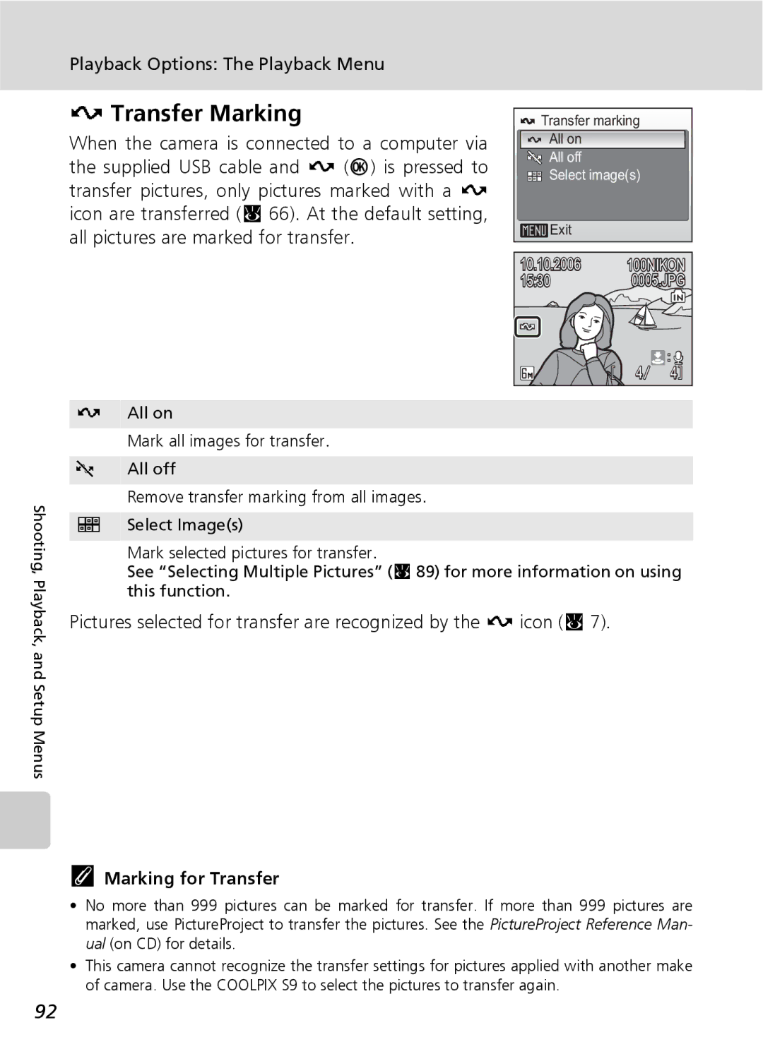 Nikon COOLPIXS9 manual Transfer Marking, Marking for Transfer 