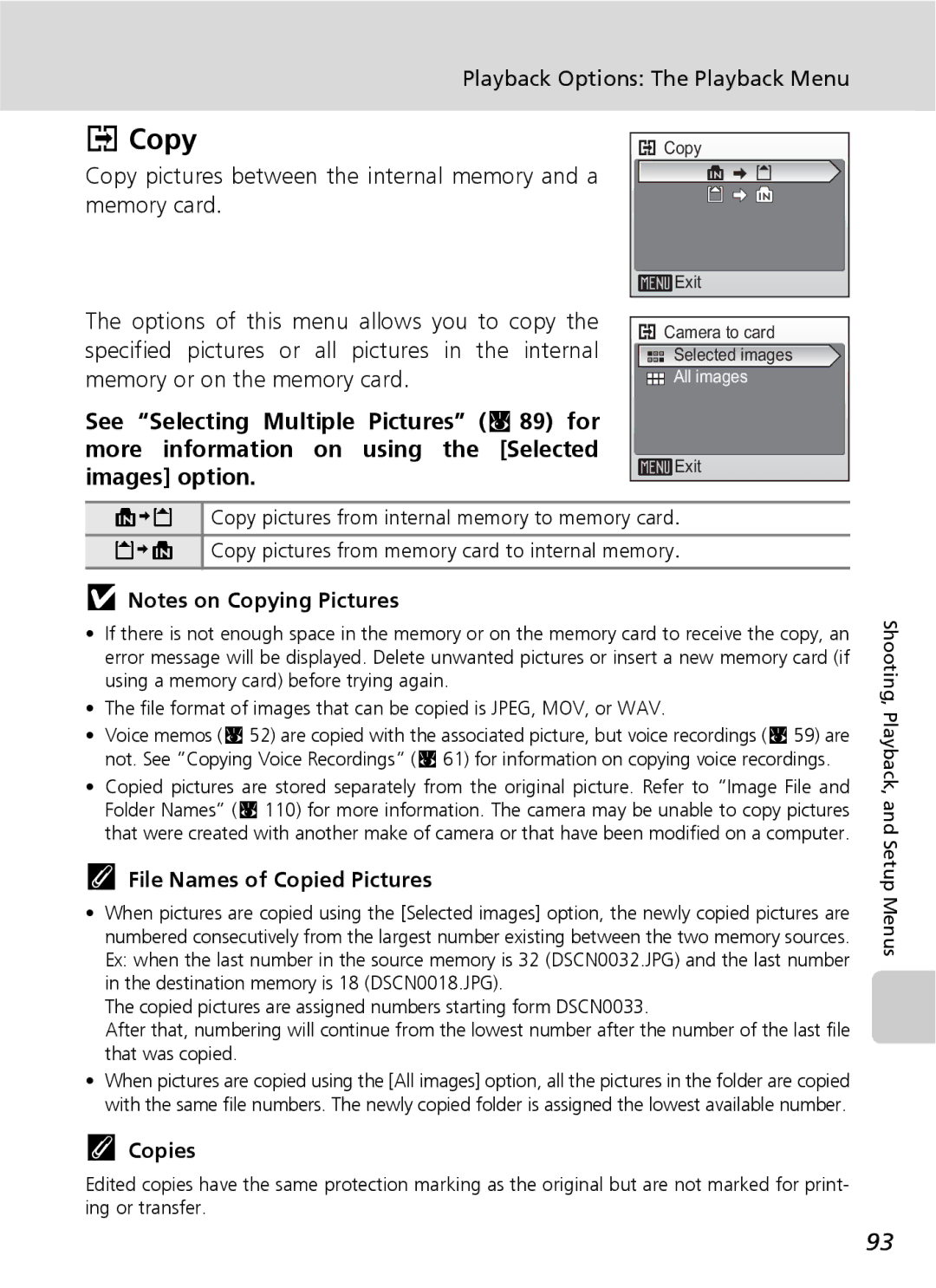 Nikon COOLPIXS9 manual Copy, File Names of Copied Pictures, Copies 