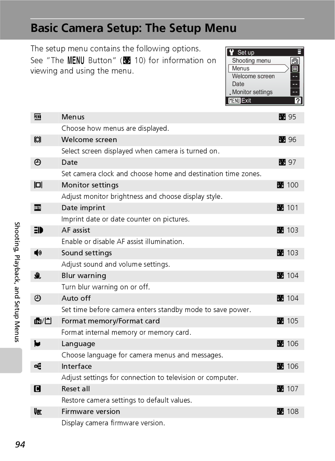 Nikon COOLPIXS9 manual Basic Camera Setup The Setup Menu 