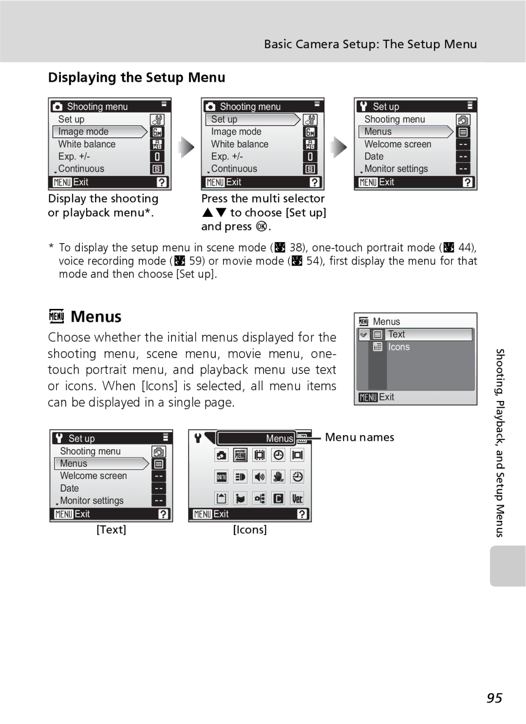 Nikon COOLPIXS9 Menus, Displaying the Setup Menu, Basic Camera Setup The Setup Menu, Display the shooting or playback menu 