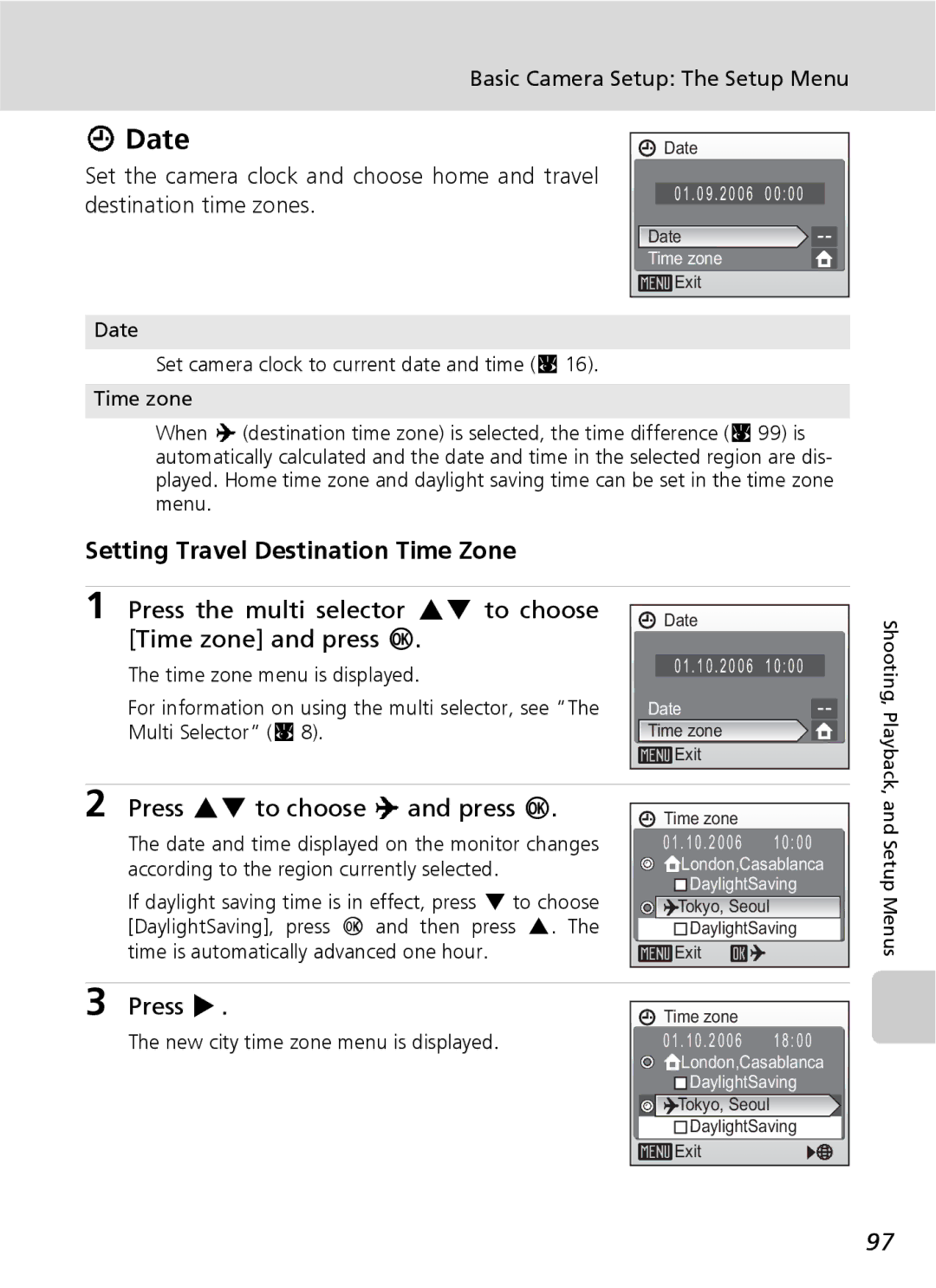 Nikon COOLPIXS9 Date, Setting Travel Destination Time Zone, Press the multi selector GH to choose Time zone and press d 