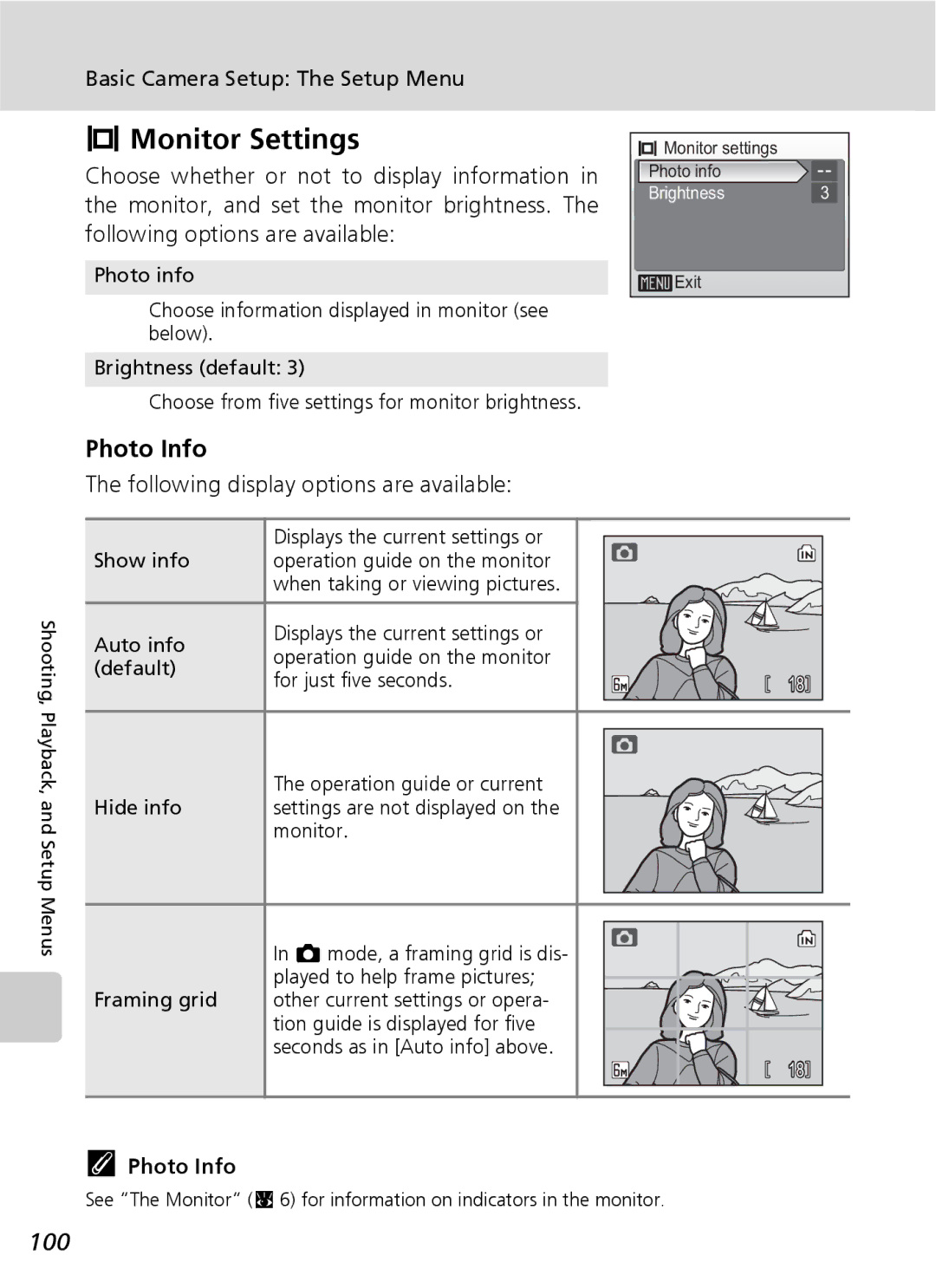 Nikon COOLPIXS9 manual Monitor Settings, Photo Info, 100, Following display options are available 