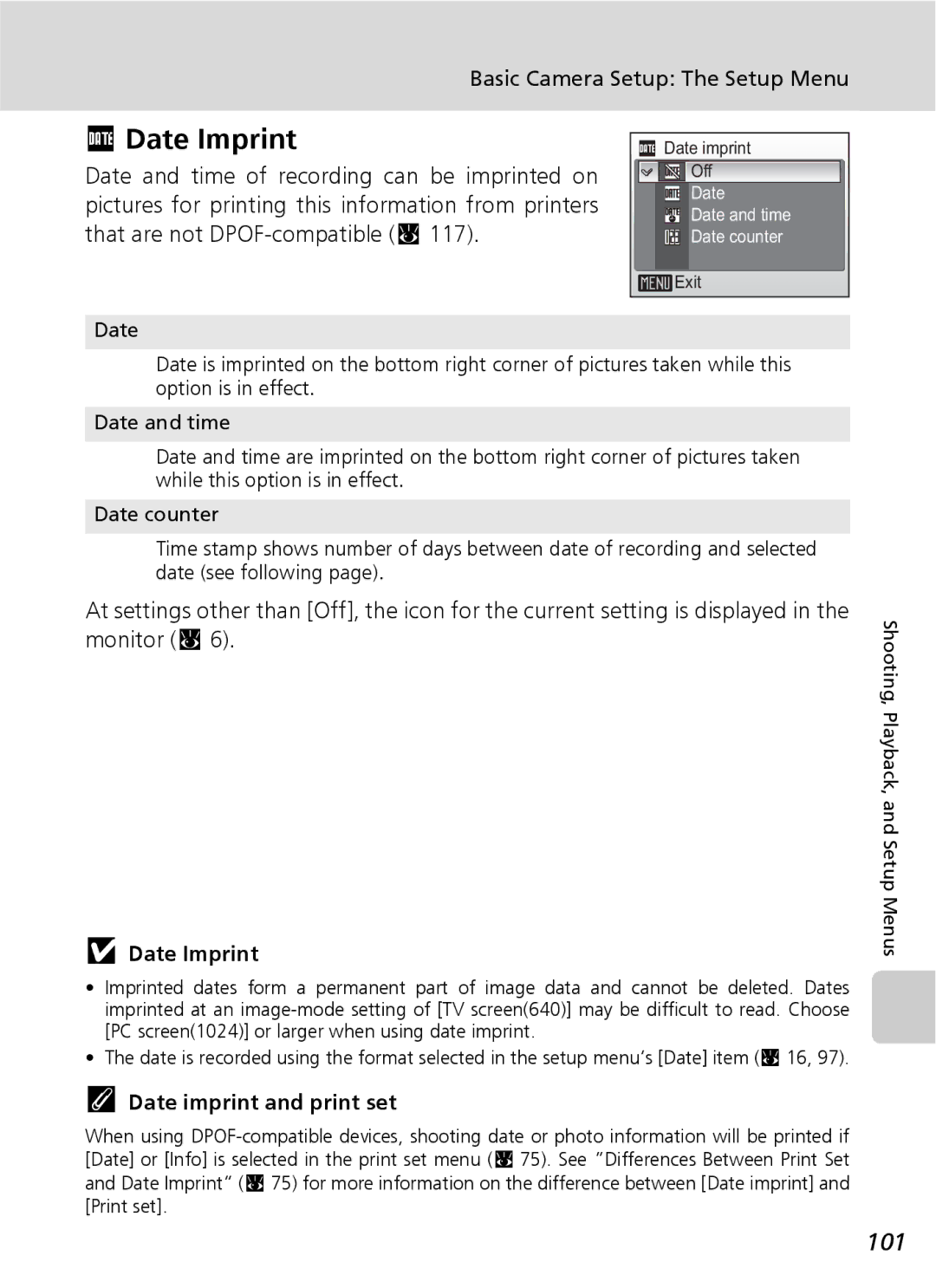 Nikon COOLPIXS9 manual Date Imprint, 101, Date imprint and print set 