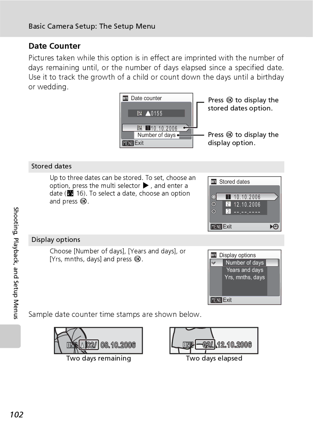 Nikon COOLPIXS9 manual Date Counter, 102, Sample date counter time stamps are shown below, Display options 