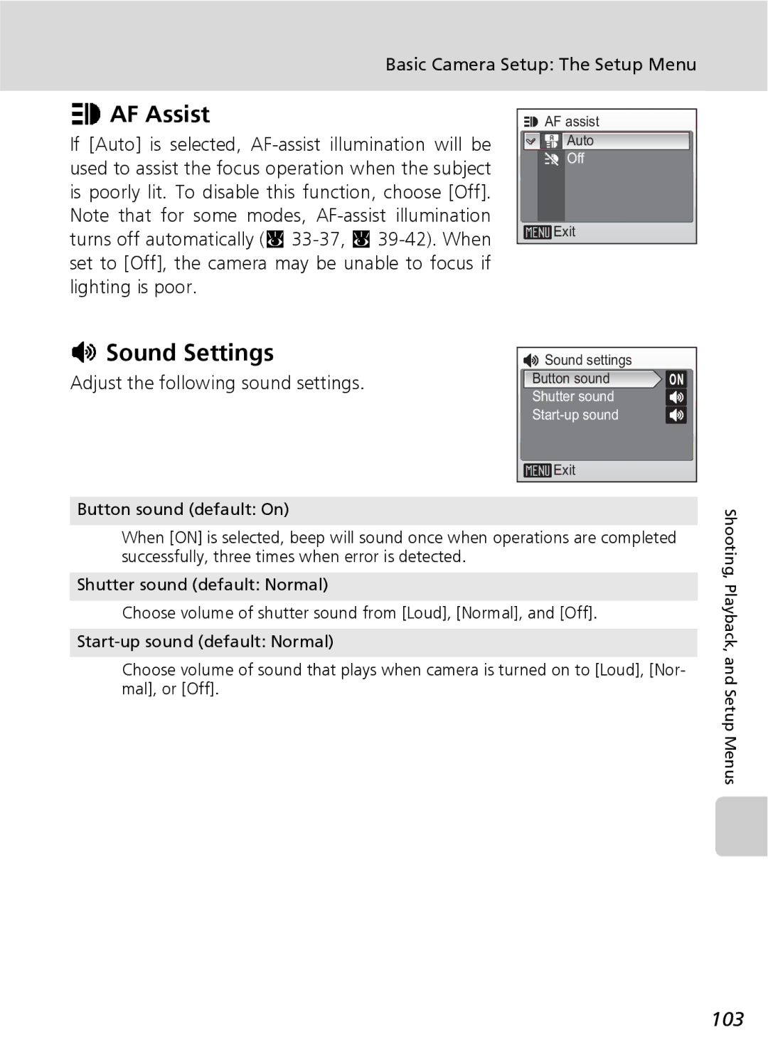 Nikon COOLPIXS9 manual AF Assist, Sound Settings, 103, Adjust the following sound settings 