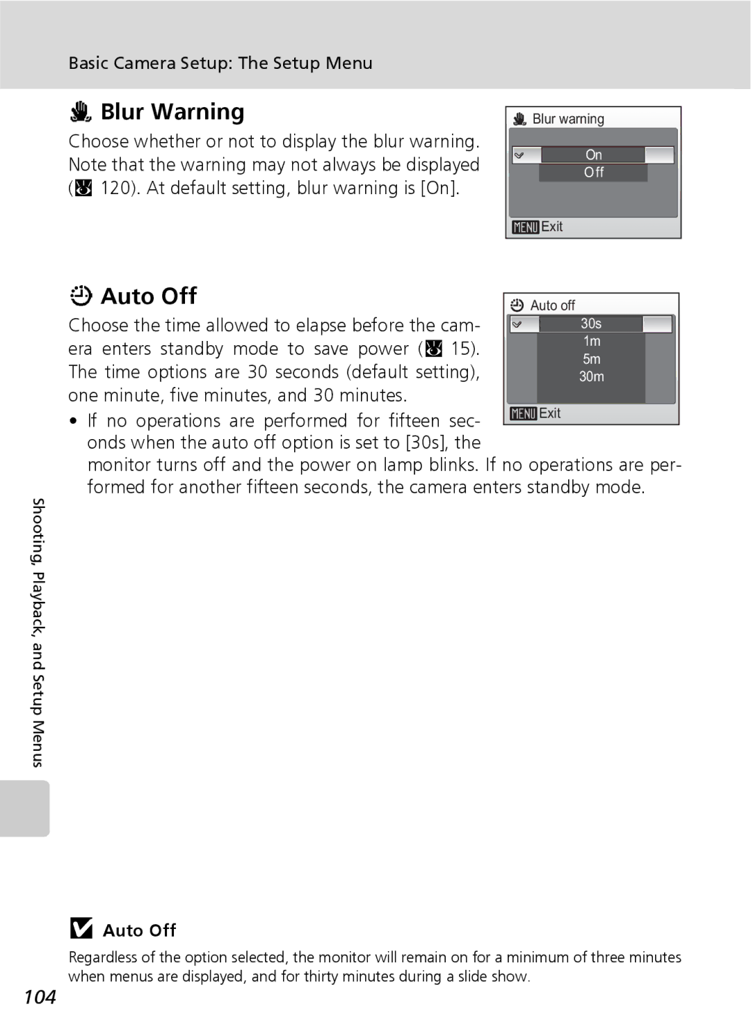 Nikon COOLPIXS9 manual Blur Warning, Auto Off, 104, Choose the time allowed to elapse before the cam 