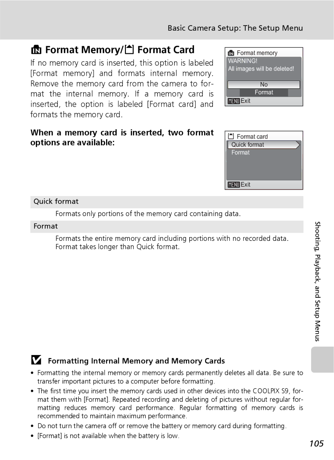 Nikon COOLPIXS9 manual Format Memory/O Format Card, 105, Formatting Internal Memory and Memory Cards 