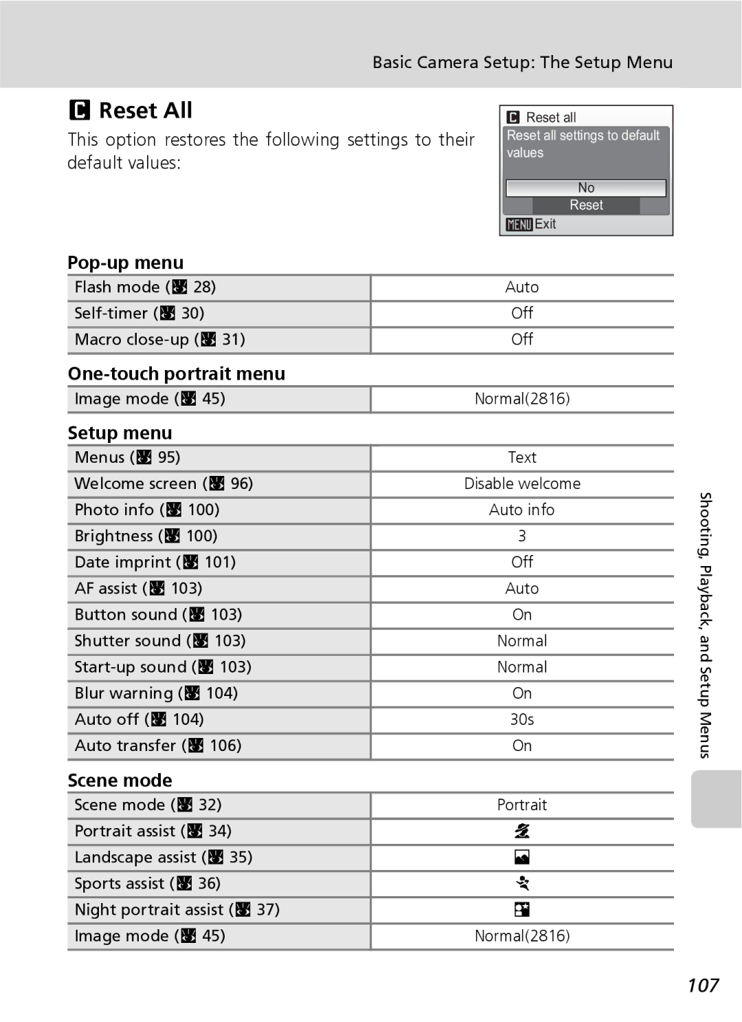 Nikon COOLPIXS9 manual Reset All, 107 