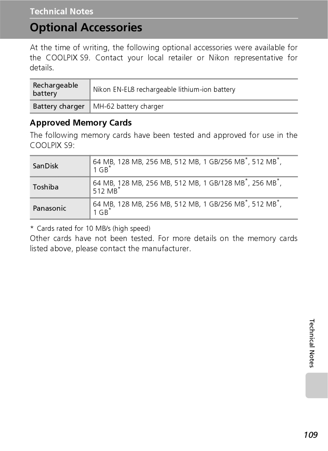 Nikon COOLPIXS9 manual Optional Accessories, Approved Memory Cards, 109 