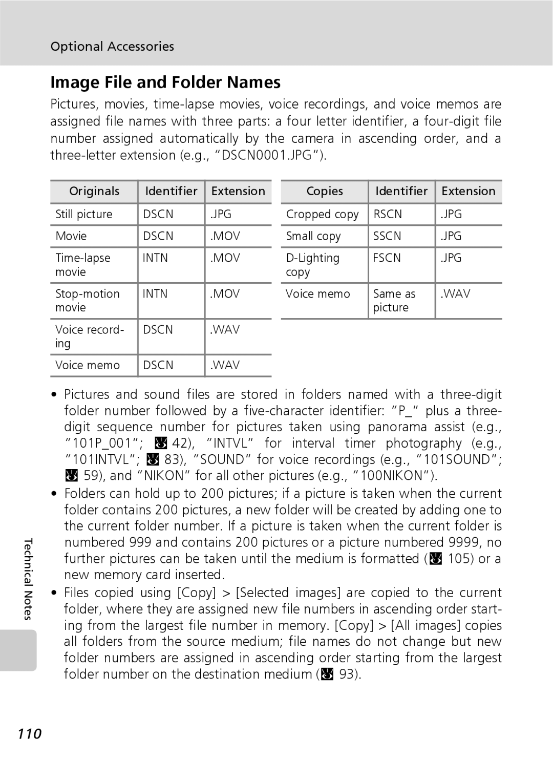 Nikon COOLPIXS9 manual Image File and Folder Names, 110, Optional Accessories 