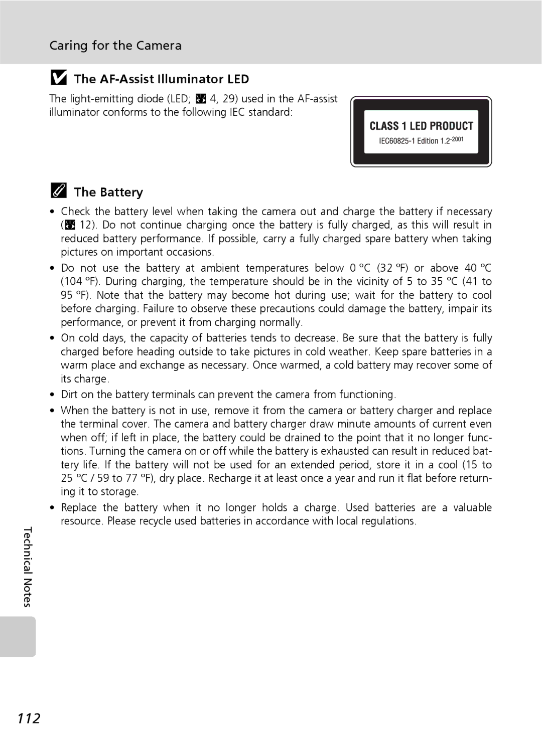 Nikon COOLPIXS9 manual 112, Caring for the Camera, AF-Assist Illuminator LED, Battery 