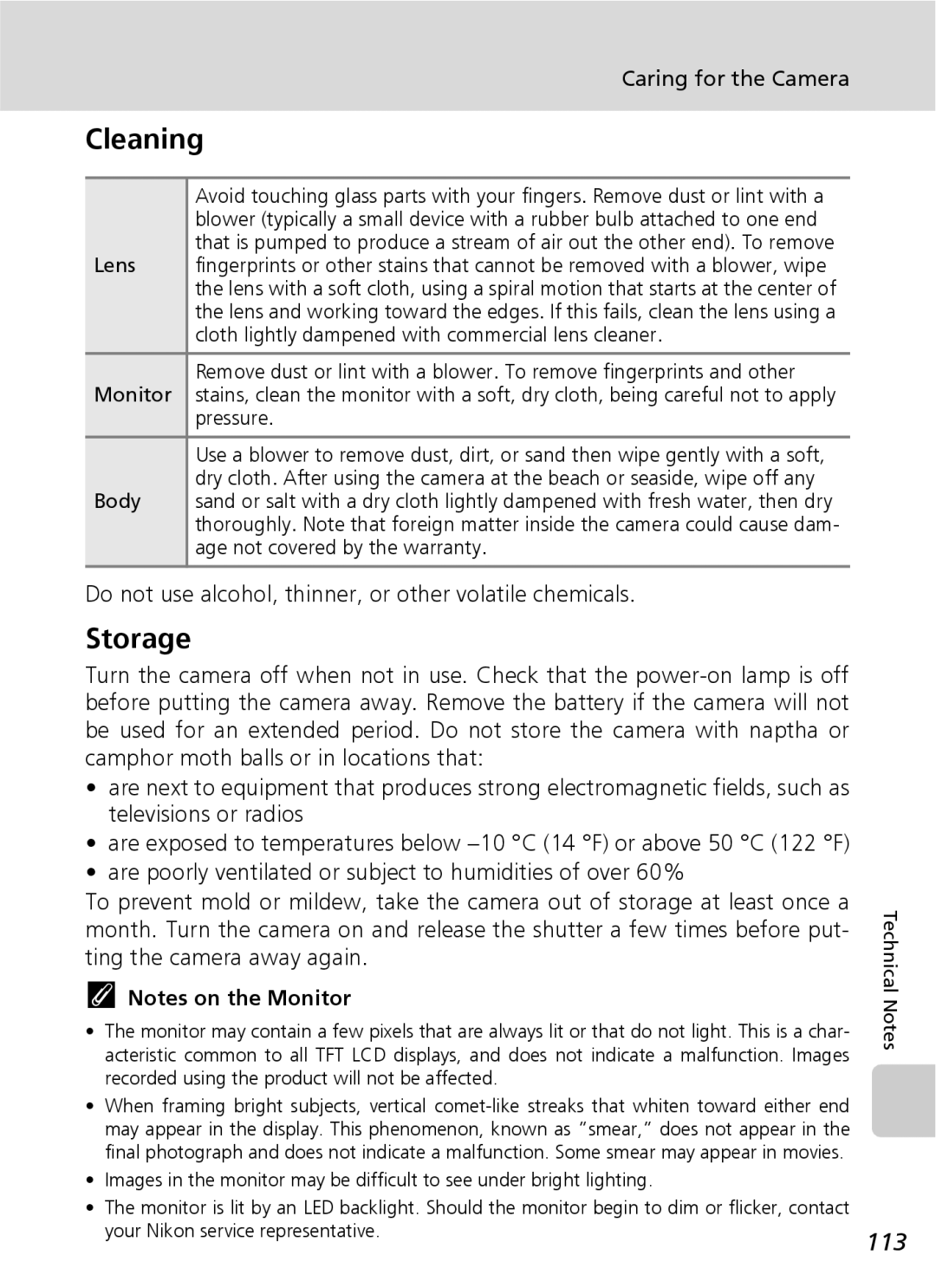 Nikon COOLPIXS9 manual Cleaning, Storage, 113, Do not use alcohol, thinner, or other volatile chemicals 