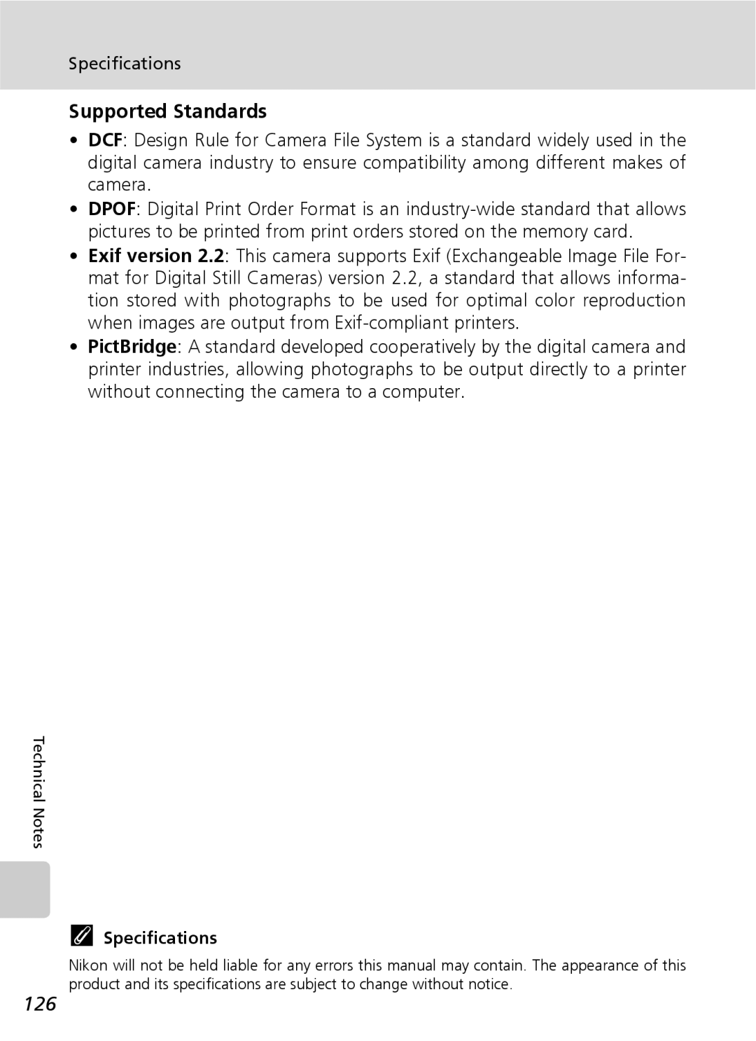 Nikon COOLPIXS9 manual Supported Standards, 126, Specifications 