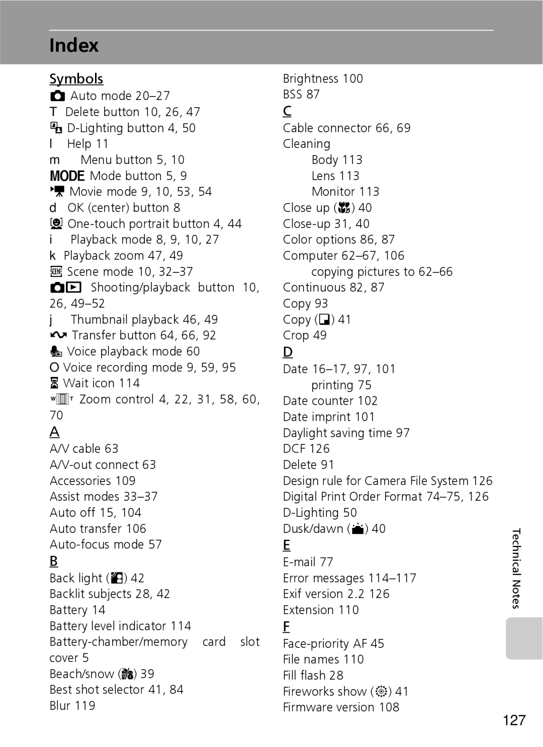 Nikon COOLPIXS9 manual Index, Symbols, 127 