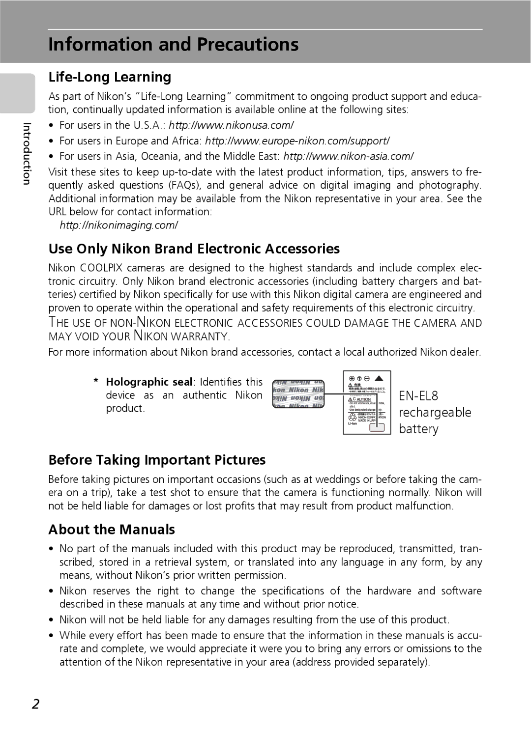 Nikon S9 Information and Precautions, Life-Long Learning, Use Only Nikon Brand Electronic Accessories, About the Manuals 