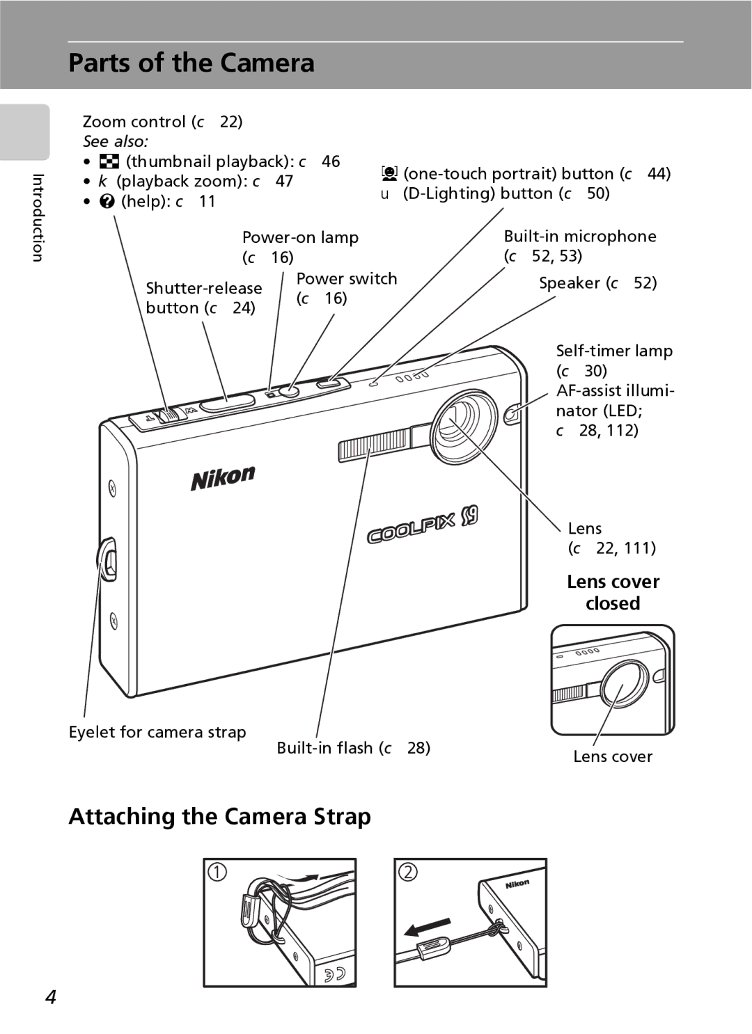 Nikon COOLPIXS9 manual Parts of the Camera, Attaching the Camera Strap, Lens cover Closed 