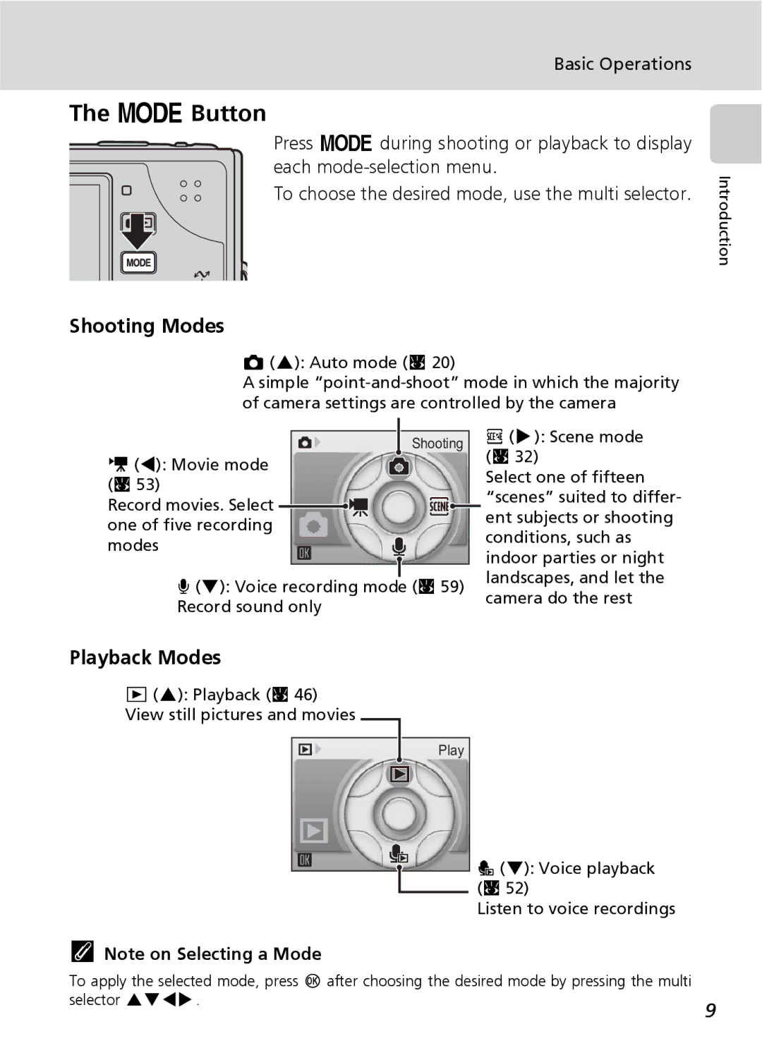 Nikon COOLPIXS9 manual P Button, Shooting Modes, Playback Modes, Basic Operations 