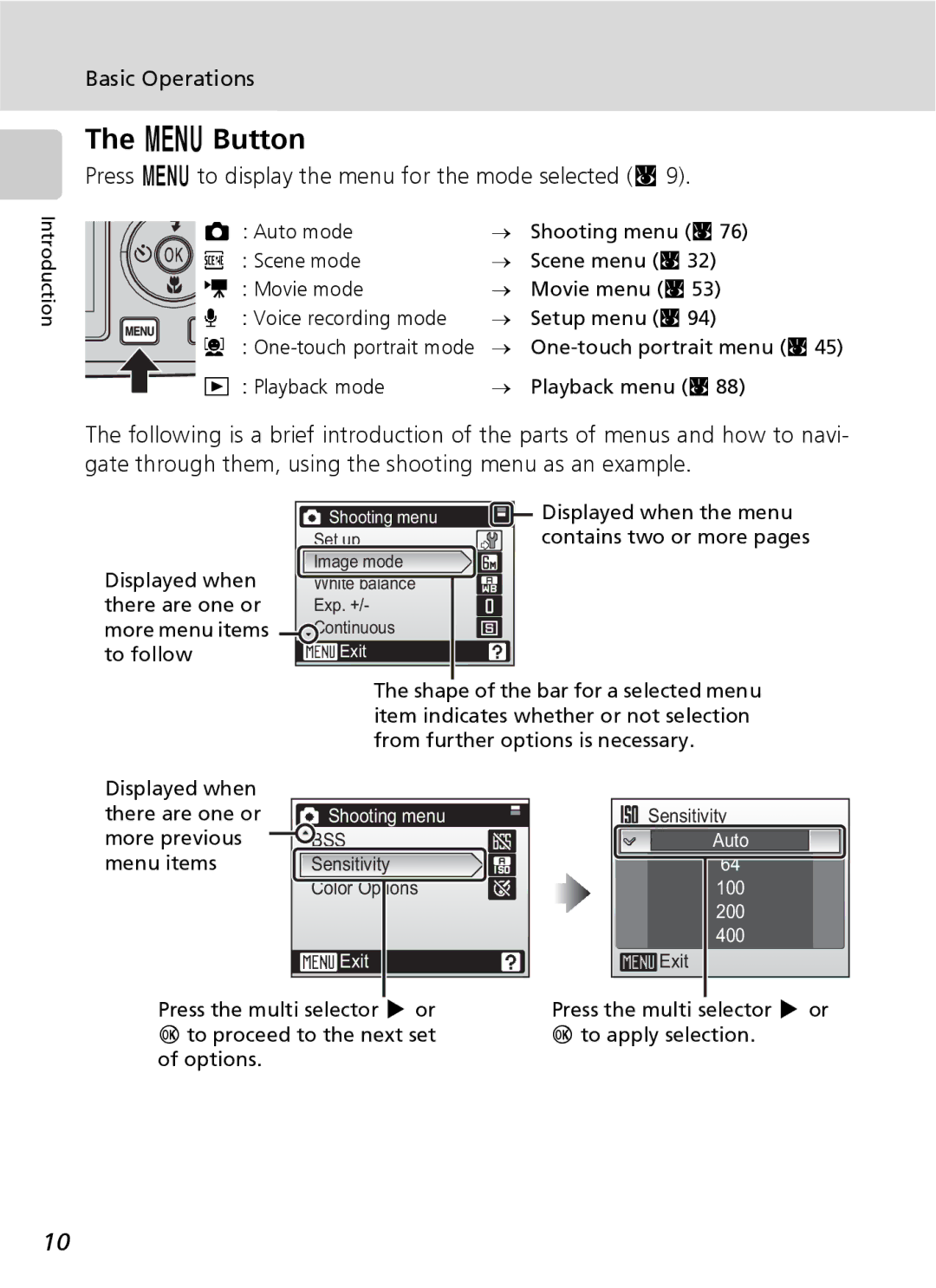 Nikon S9 M Button, Press m to display the menu for the mode selected c, Displayed when the menu contains two or more pages 