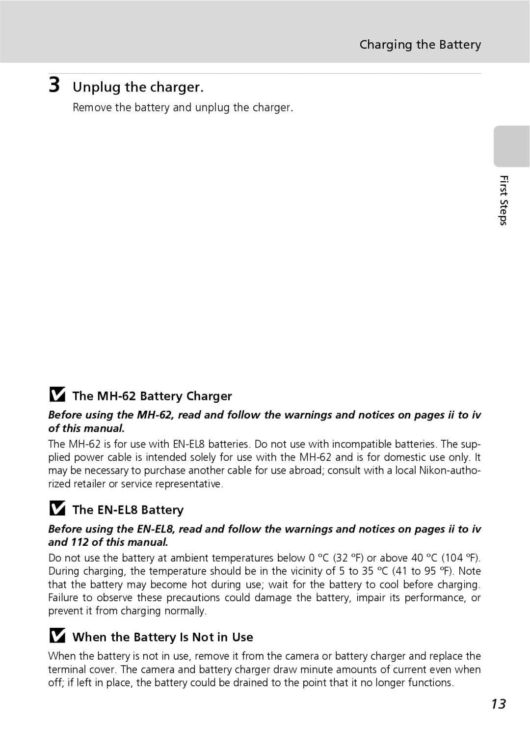 Nikon COOLPIXS9 manual Unplug the charger, Charging the Battery, MH-62 Battery Charger, EN-EL8 Battery 