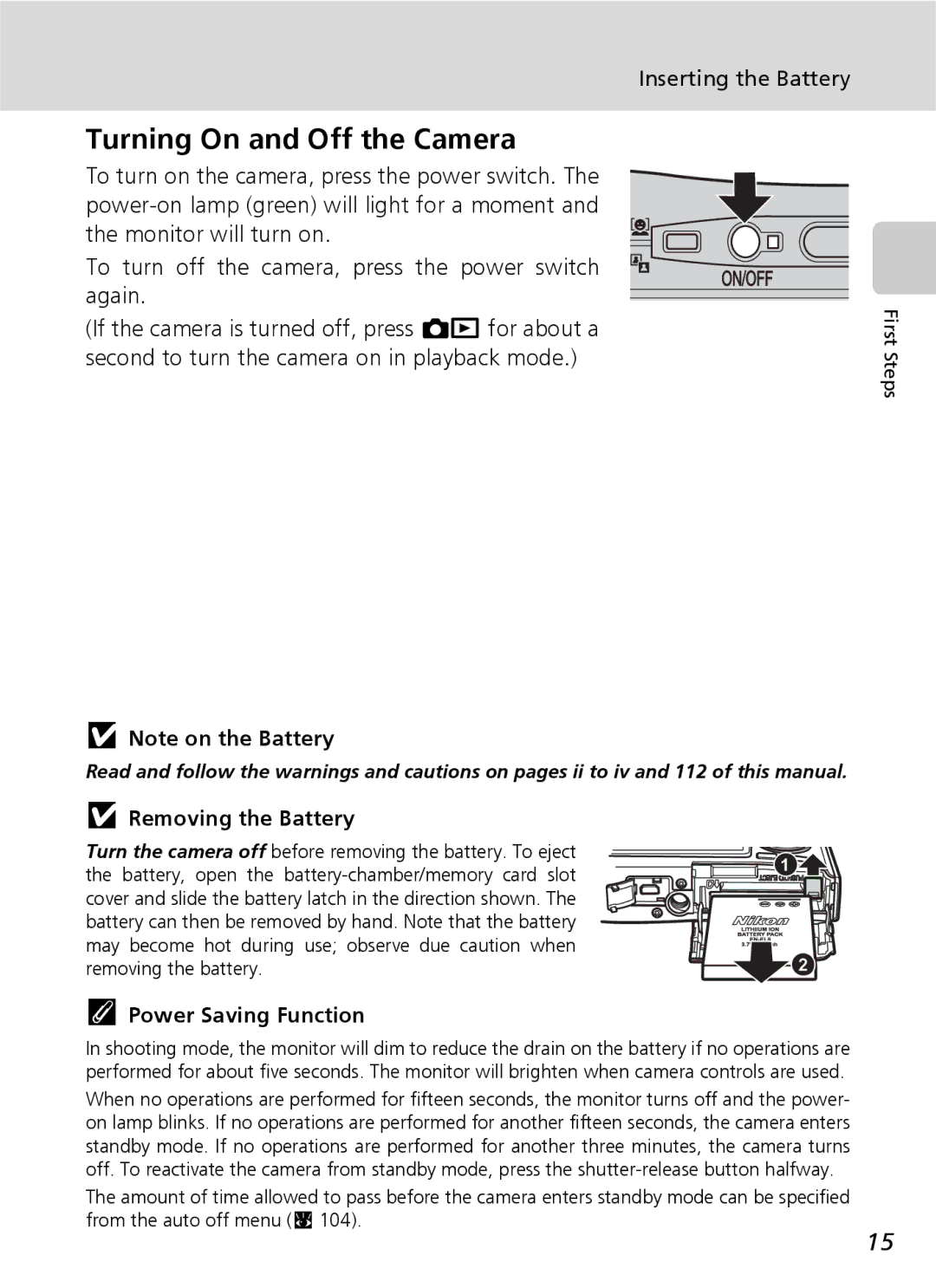 Nikon COOLPIXS9 manual Turning On and Off the Camera, Inserting the Battery, Removing the Battery, Power Saving Function 