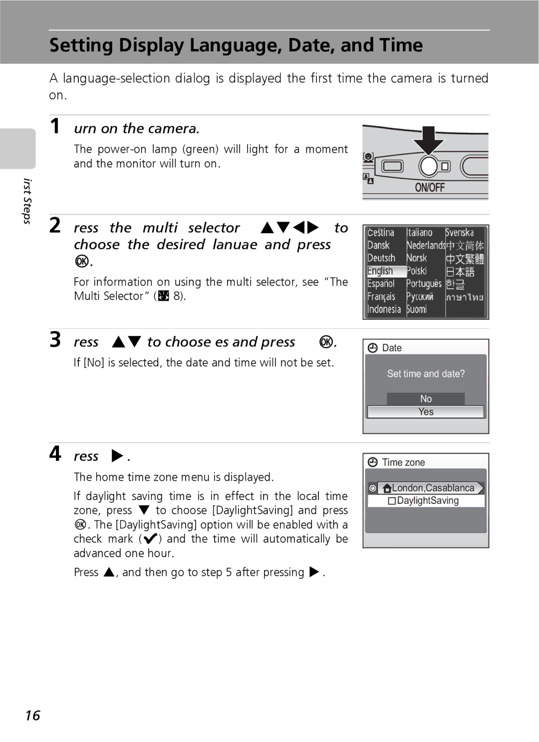 Nikon S9 manual Setting Display Language, Date, and Time, Turn on the camera, Press GH to choose Yes and press d, Press J 