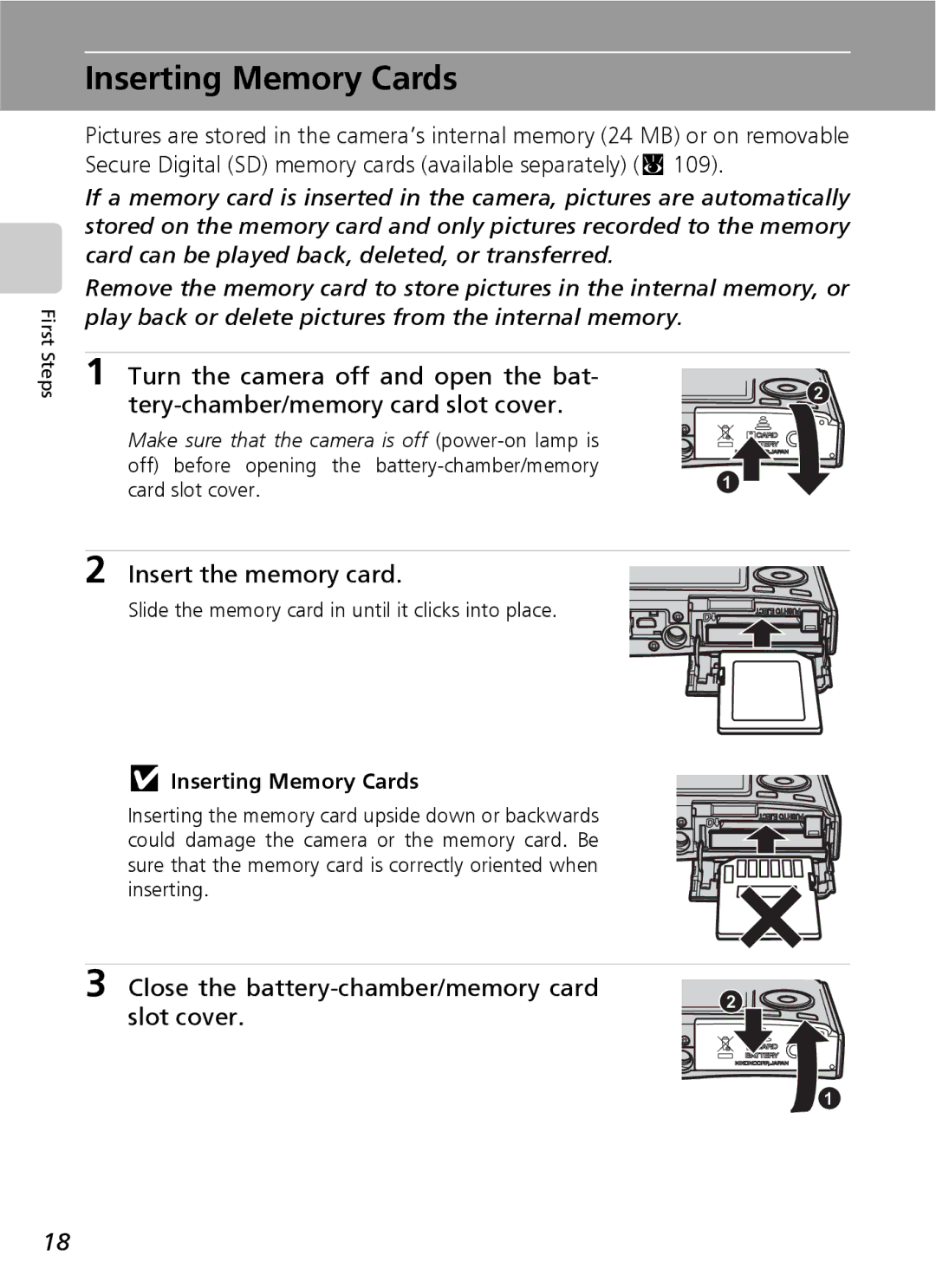 Nikon COOLPIXS9 Inserting Memory Cards, Insert the memory card, Slide the memory card in until it clicks into place 