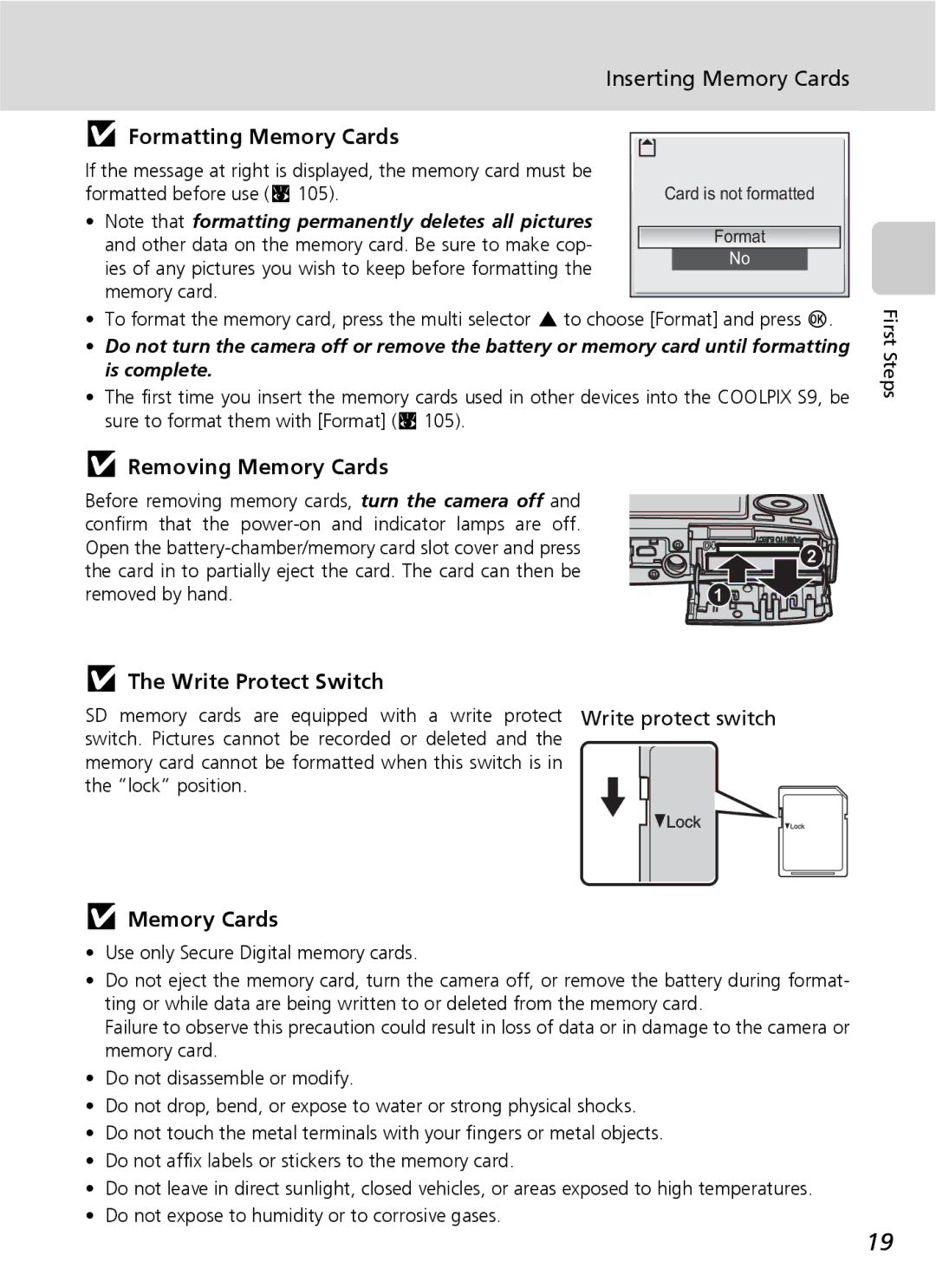 Nikon COOLPIXS9 manual Inserting Memory Cards, Formatting Memory Cards, Removing Memory Cards, Write Protect Switch 