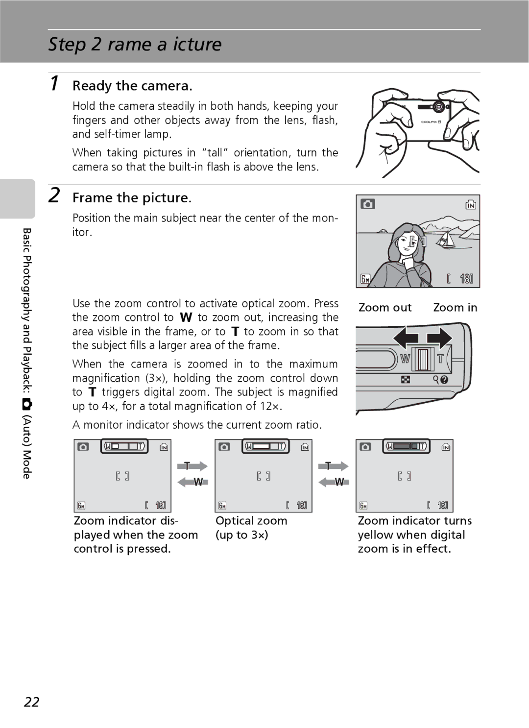 Nikon S9 Frame a Picture, Ready the camera, Frame the picture, Position the main subject near the center of the mon- itor 