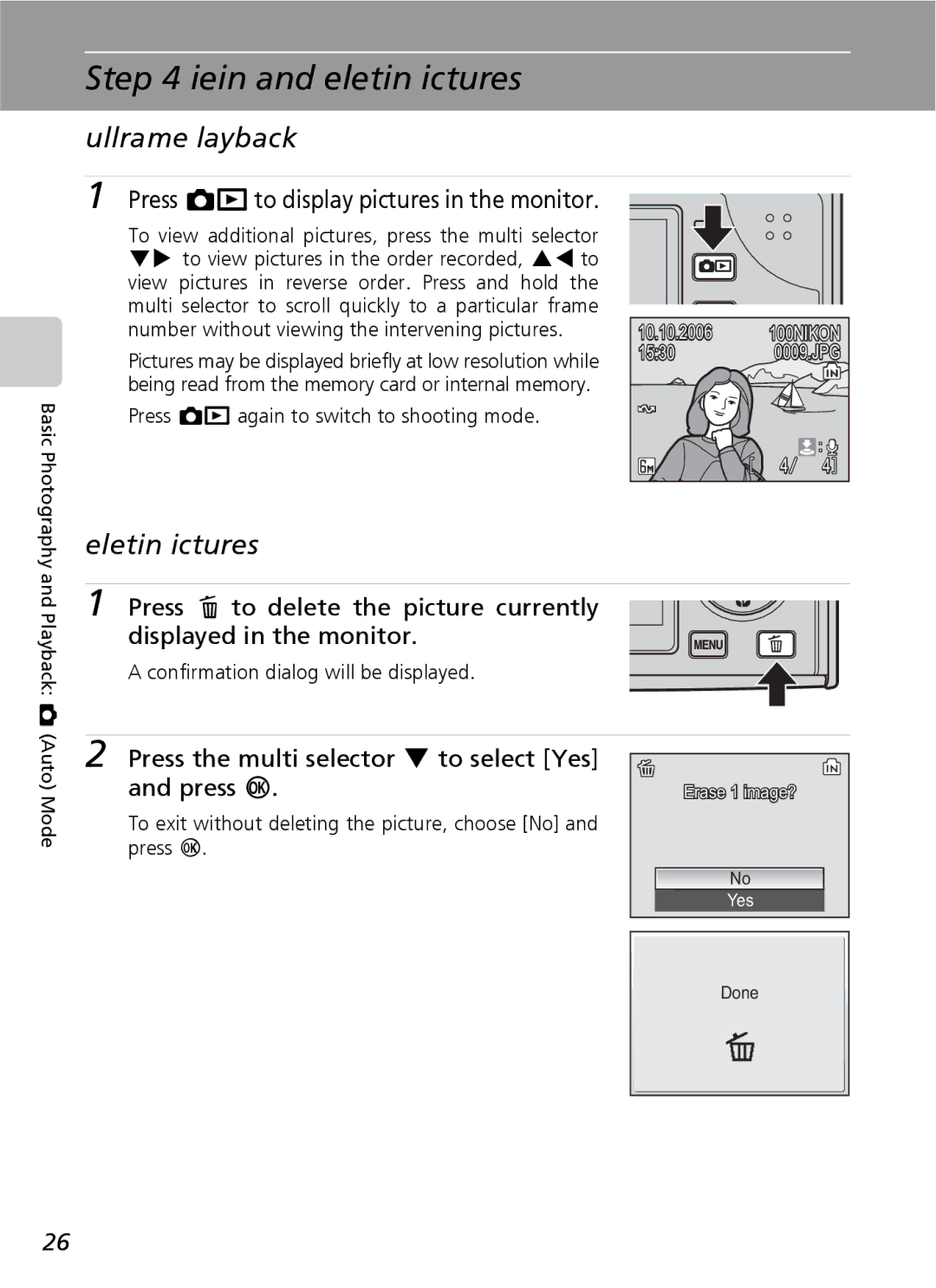 Nikon COOLPIXS9 manual Viewing and Deleting Pictures, Full-Frame Playback, Press oto display pictures in the monitor 