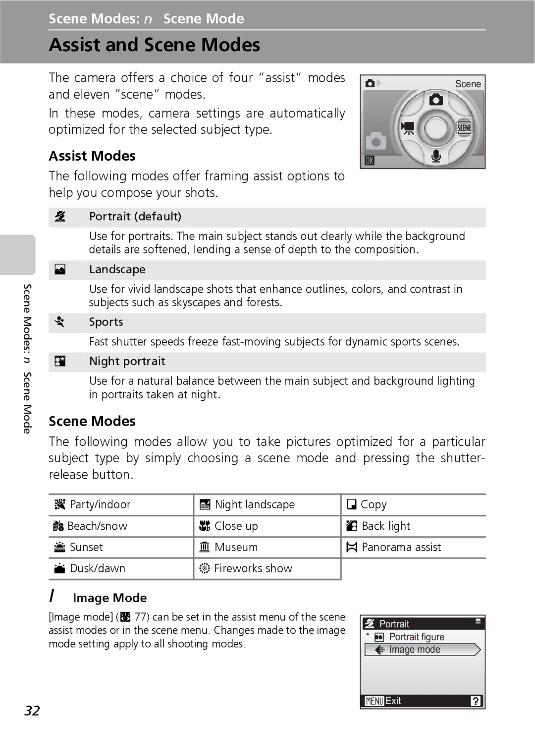 Nikon COOLPIXS9 manual Assist and Scene Modes, Assist Modes, Image Mode 