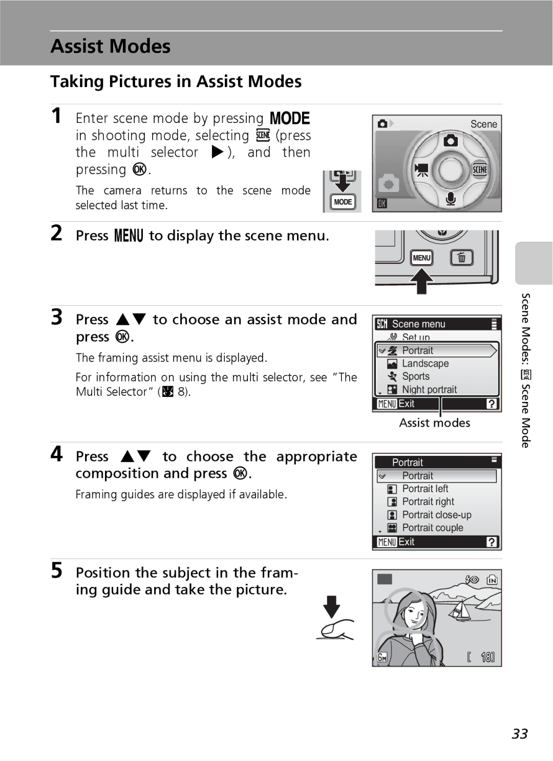 Nikon COOLPIXS9 manual Taking Pictures in Assist Modes, Press m to display the scene menu 