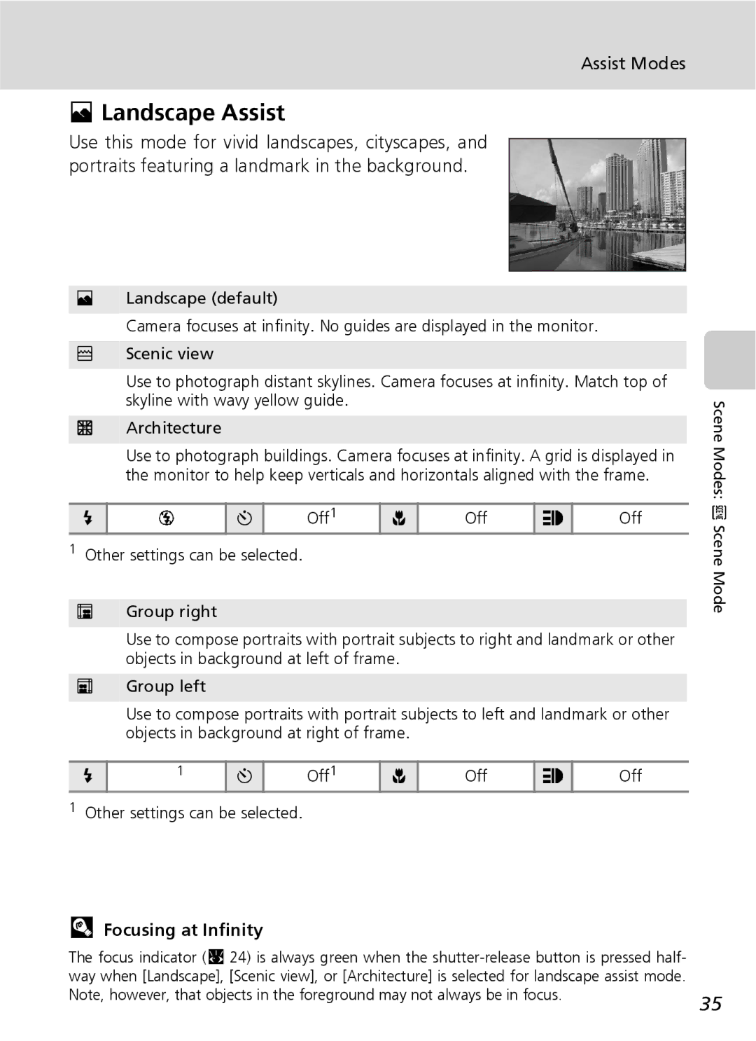 Nikon COOLPIXS9 manual Landscape Assist, Focusing at Infinity, Off1 Other settings can be selected 