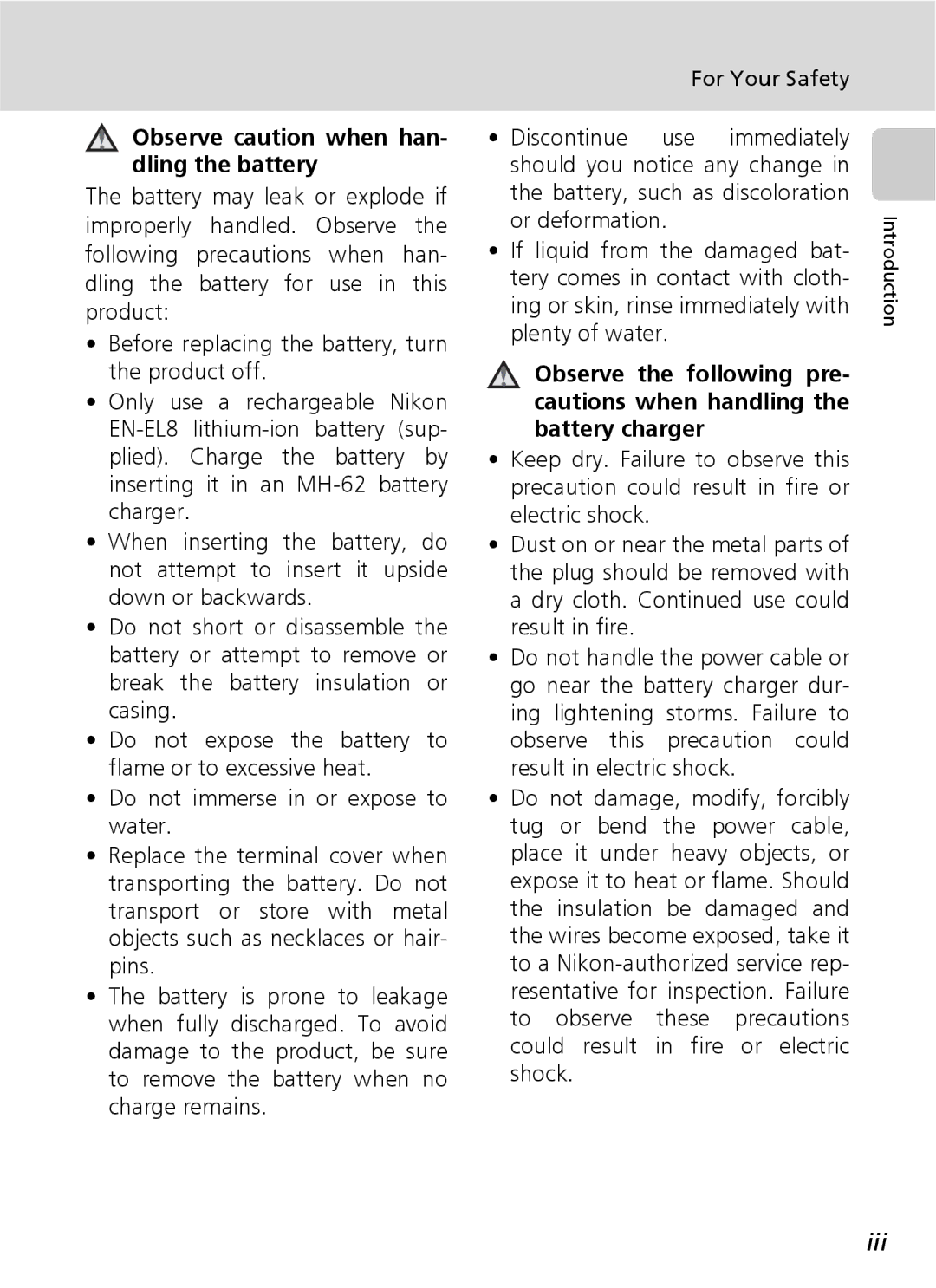 Nikon COOLPIXS9 manual Iii, For Your Safety, Observe caution when han- dling the battery 