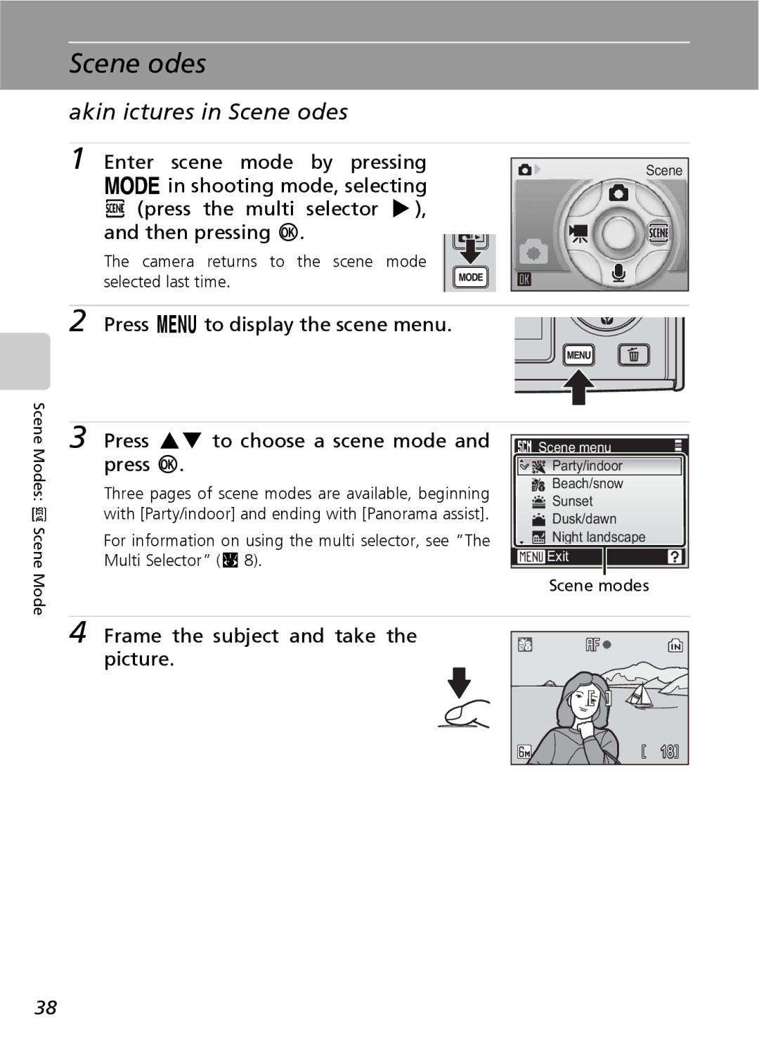 Nikon S9 manual Taking Pictures in Scene Modes, Enter scene mode by pressing, Frame the subject and take the picture 